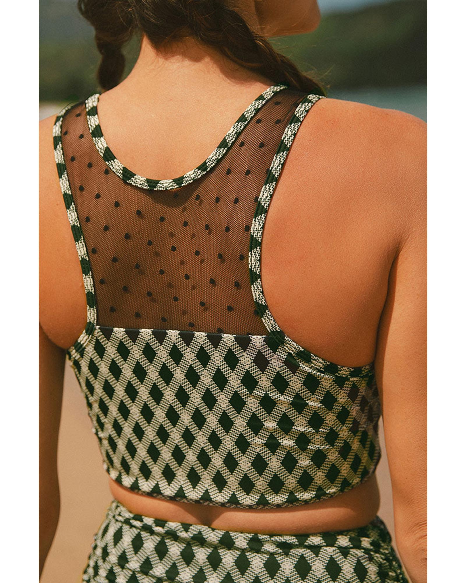 Green Dotted Mesh Plaid Patchwork High Waisted Bikini - M