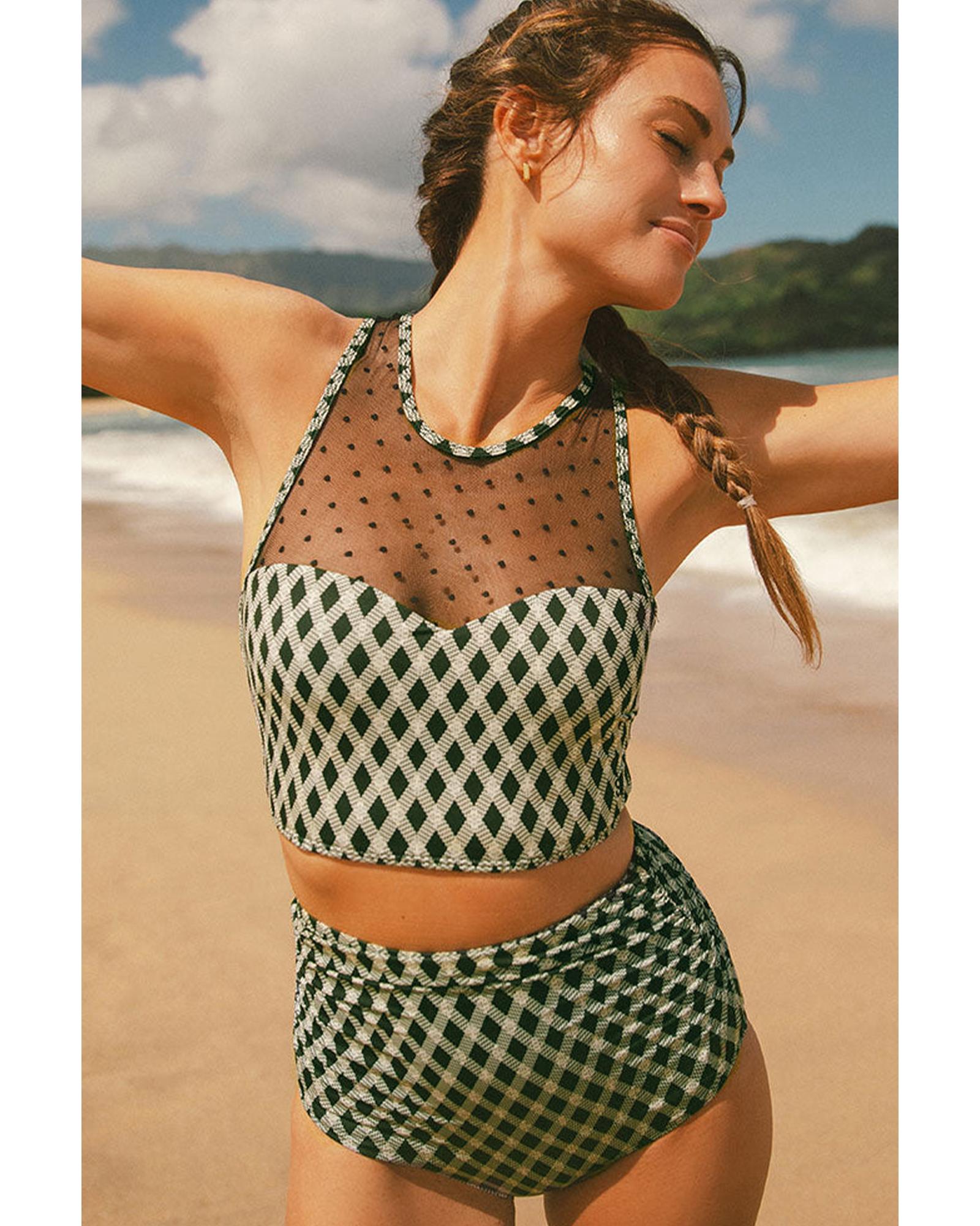 Green Dotted Mesh Plaid Patchwork High Waisted Bikini - S