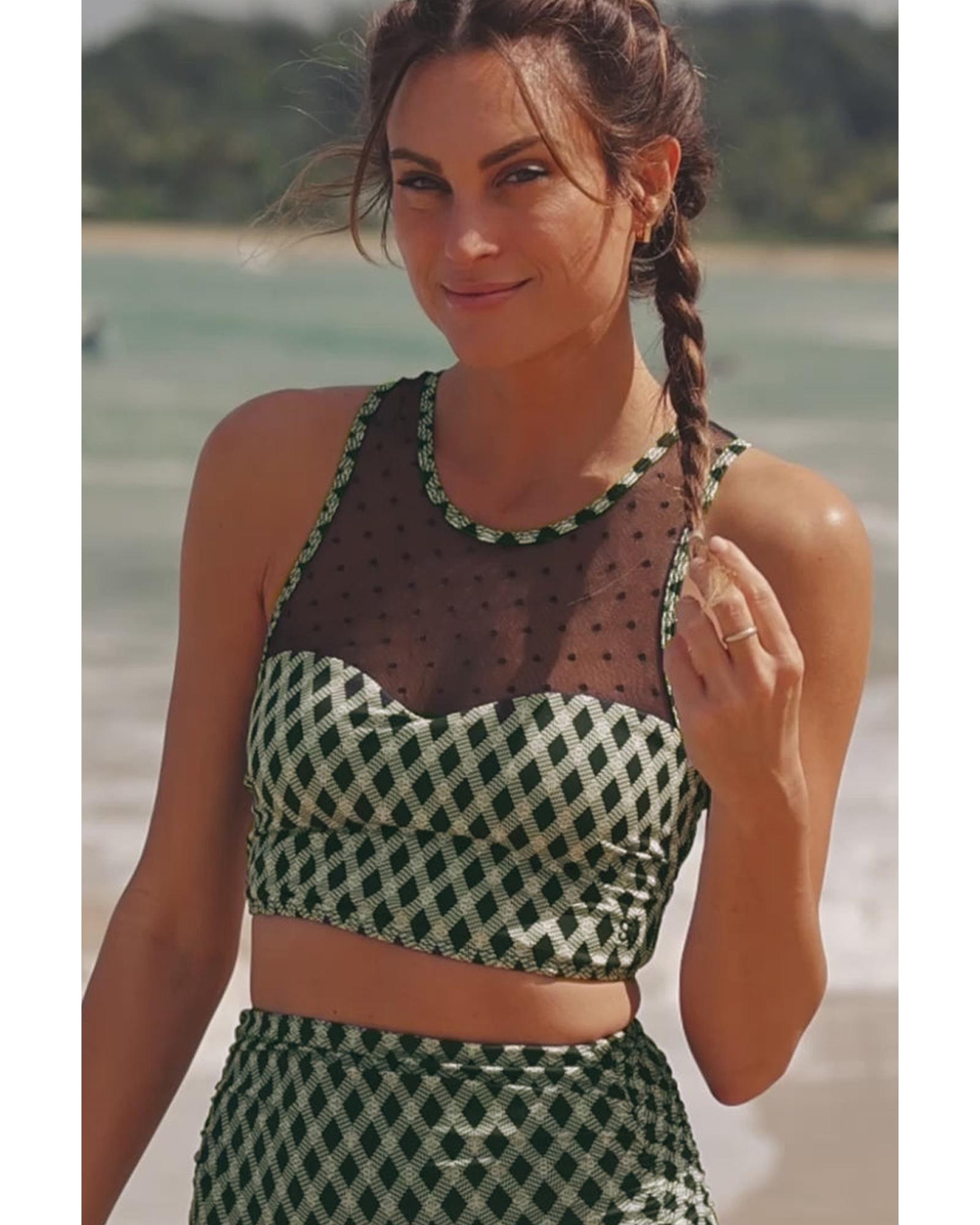 Green Dotted Mesh Plaid Patchwork High Waisted Bikini - S
