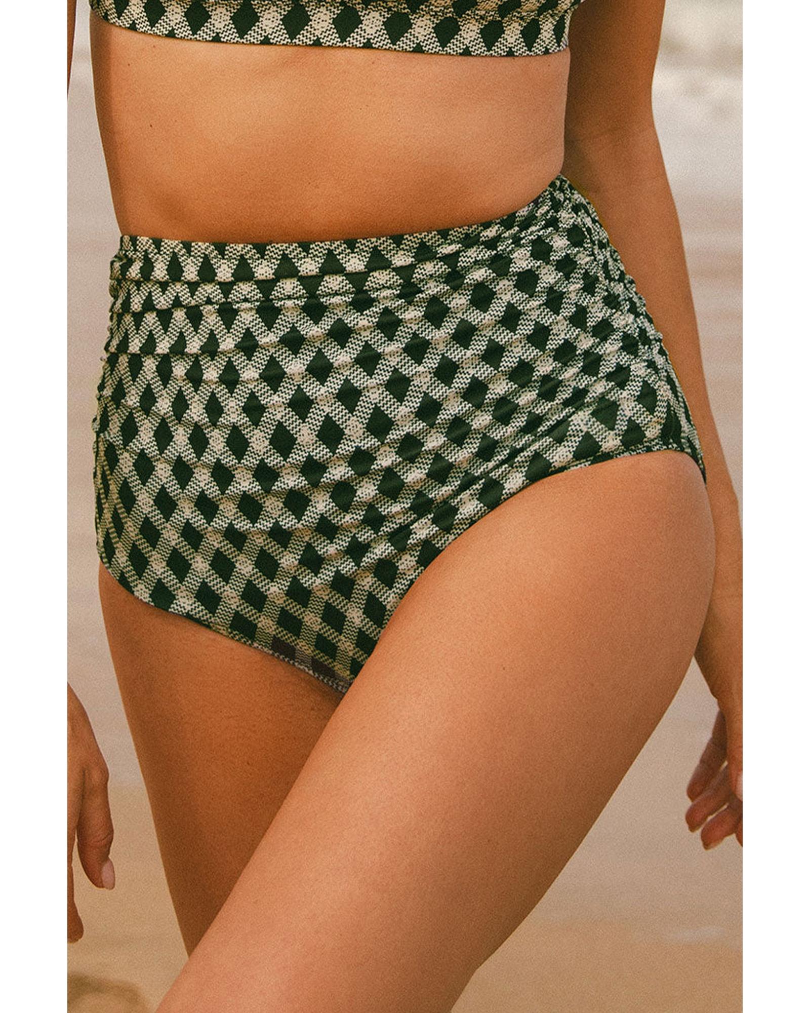 Green Dotted Mesh Plaid Patchwork High Waisted Bikini - S