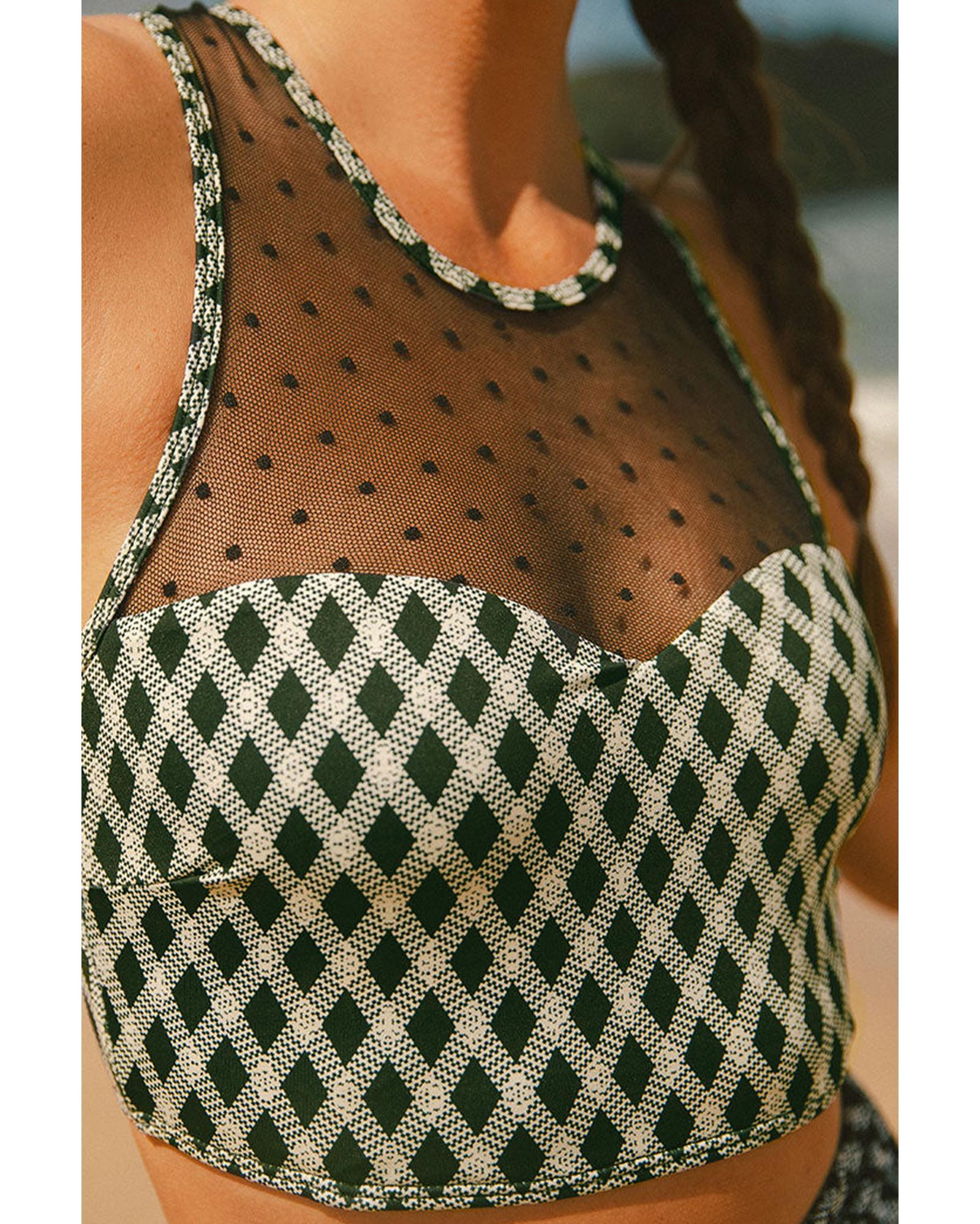 Green Dotted Mesh Plaid Patchwork High Waisted Bikini - XL