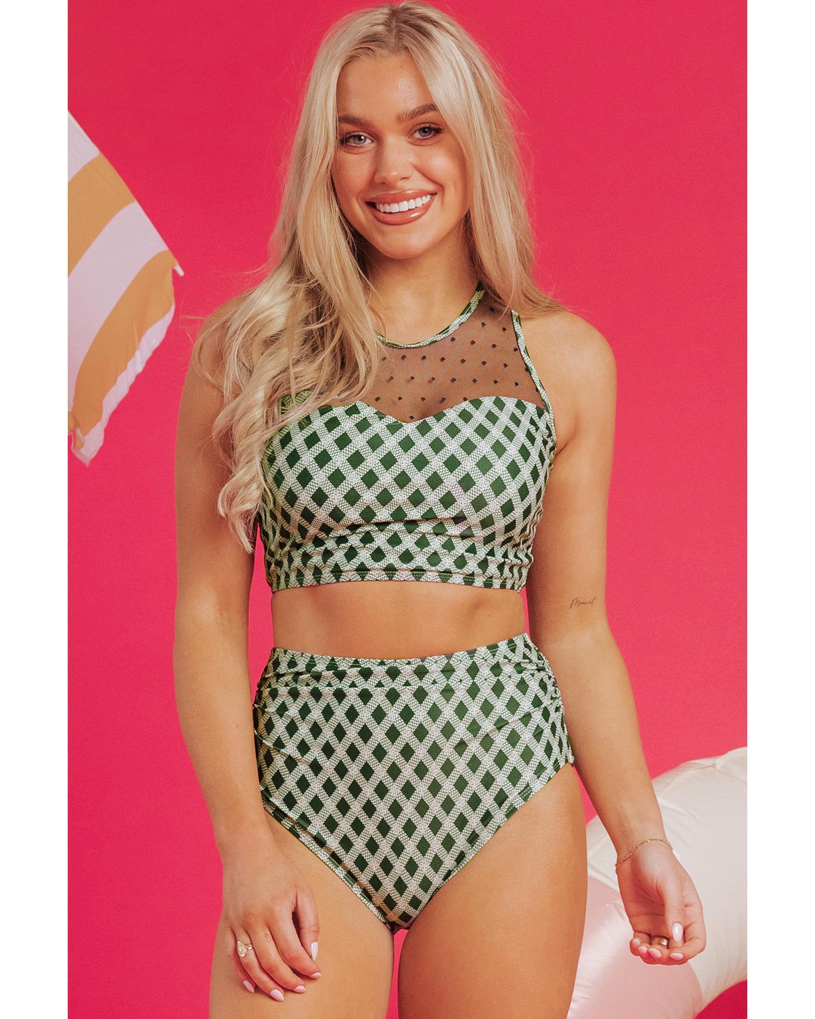 Green Dotted Mesh Plaid Patchwork High Waisted Bikini - XL