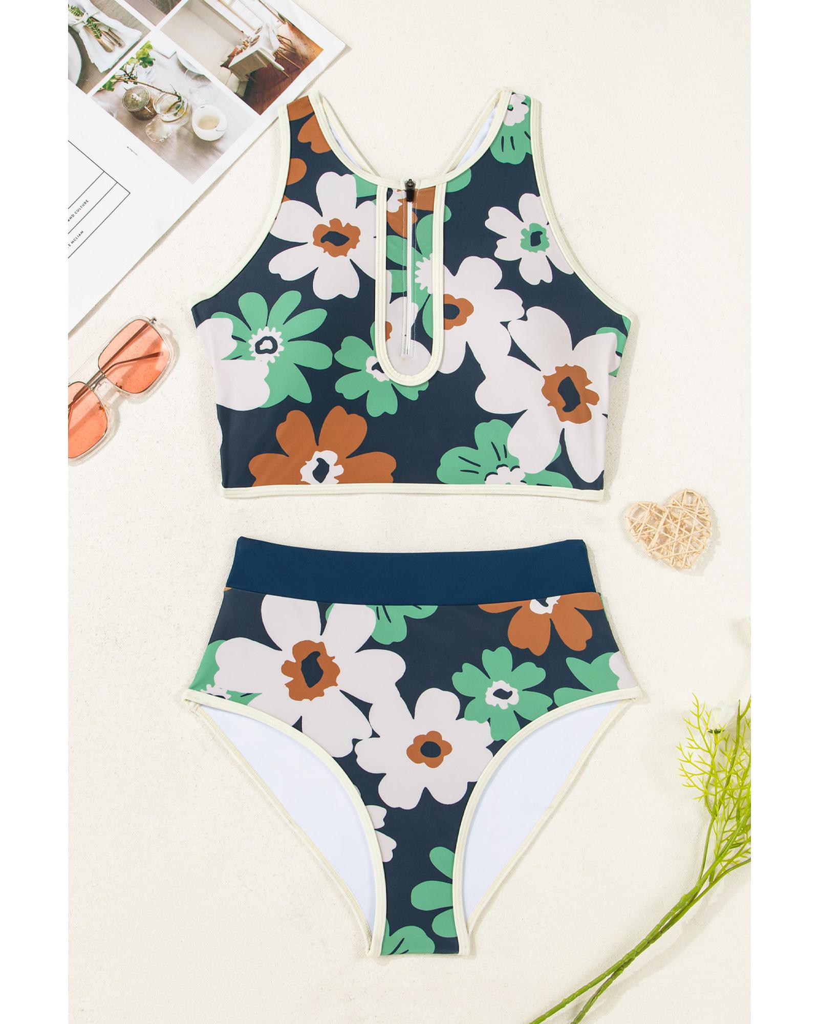 Blue Flower Zip up Racerback High Waisted Bikini - XL