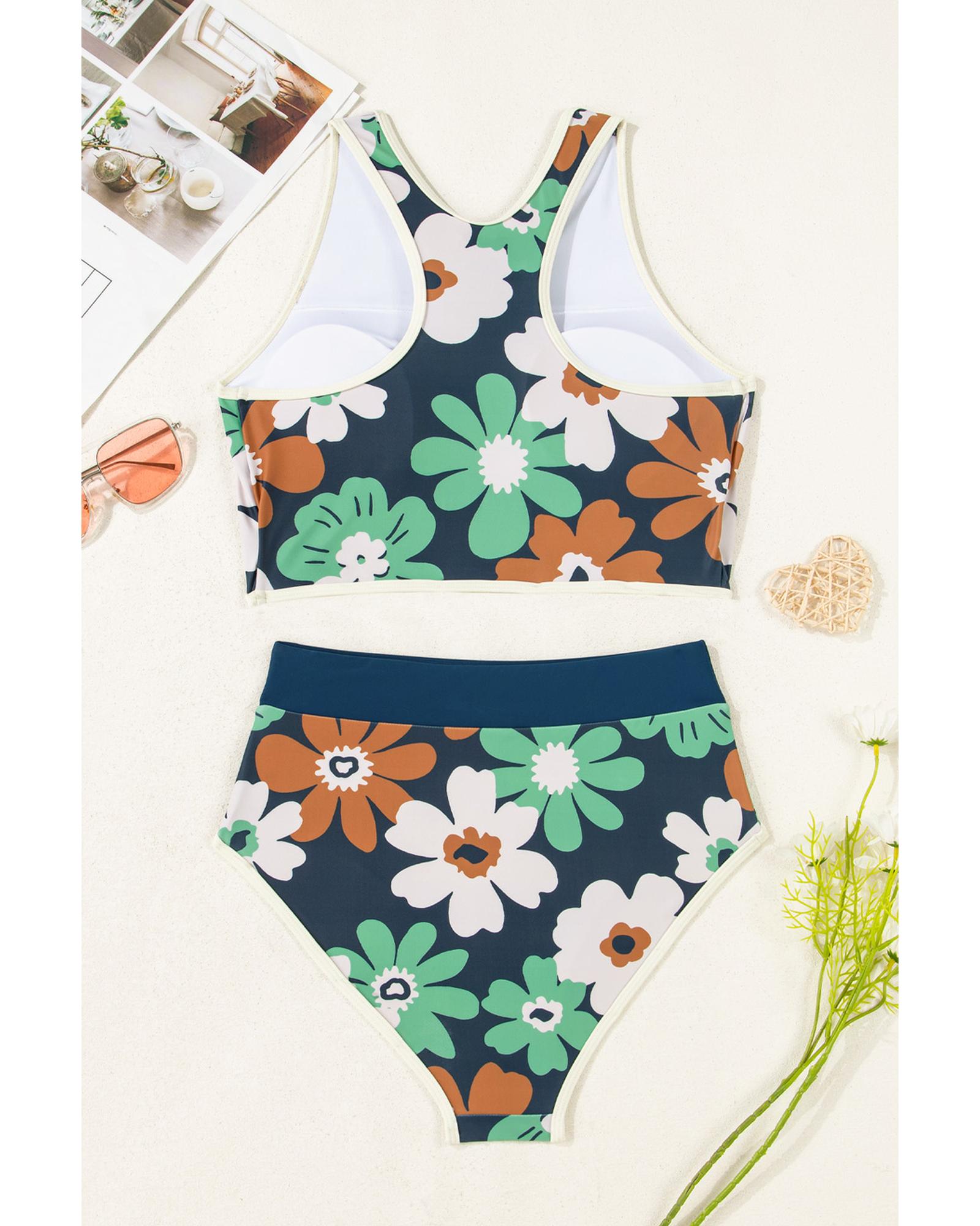 Blue Flower Zip up Racerback High Waisted Bikini - XL