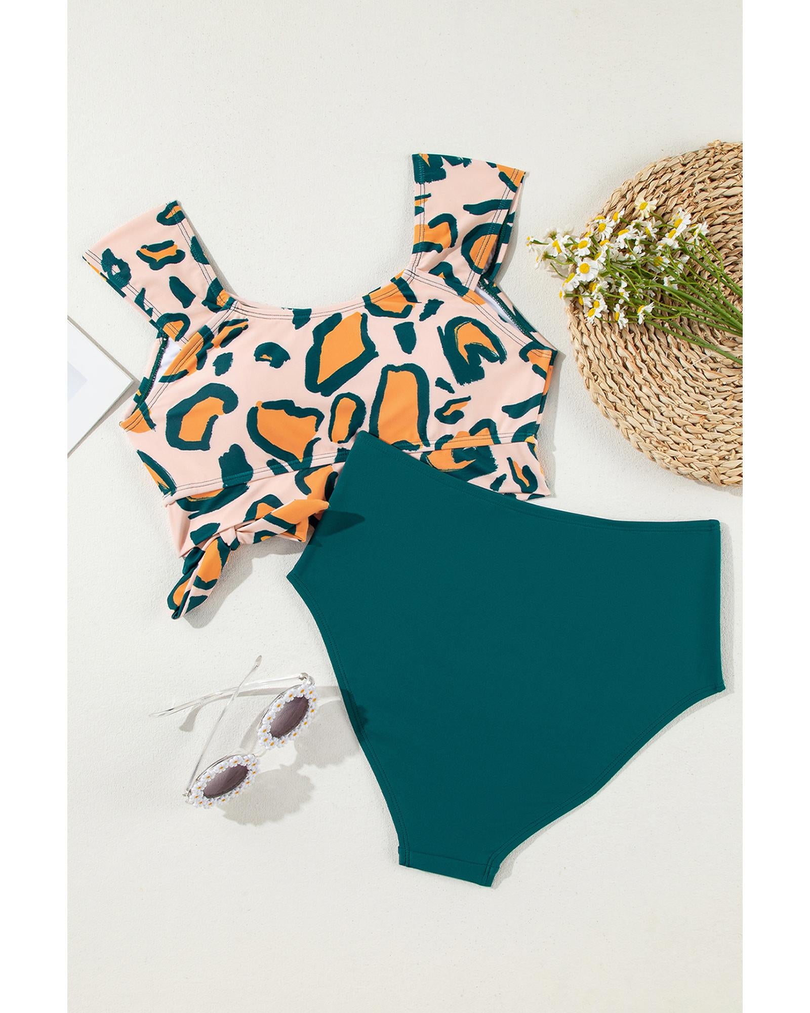 Green Leopard Print U Neck Knotted High Waist Bikini Set - S