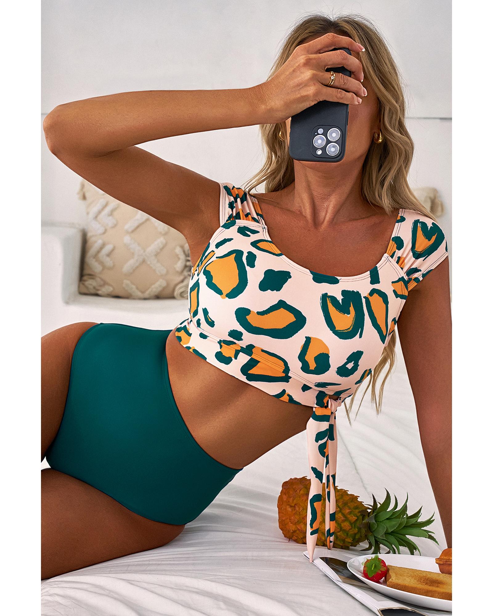 Green Leopard Print U Neck Knotted High Waist Bikini Set - XL