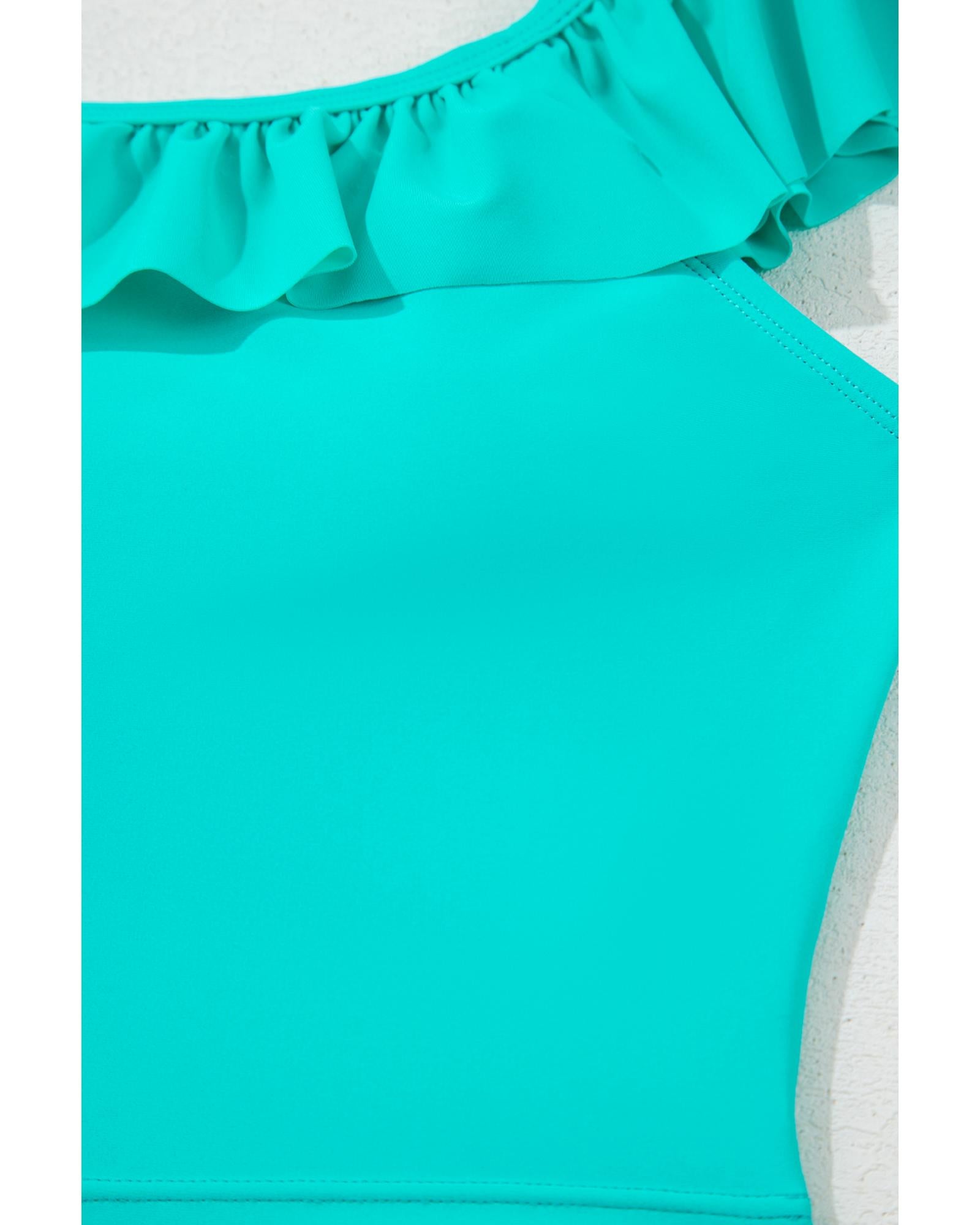 Sea Green Solid Ruffled Square Neck Swim Top and Floral Shorts Bikini Set - L