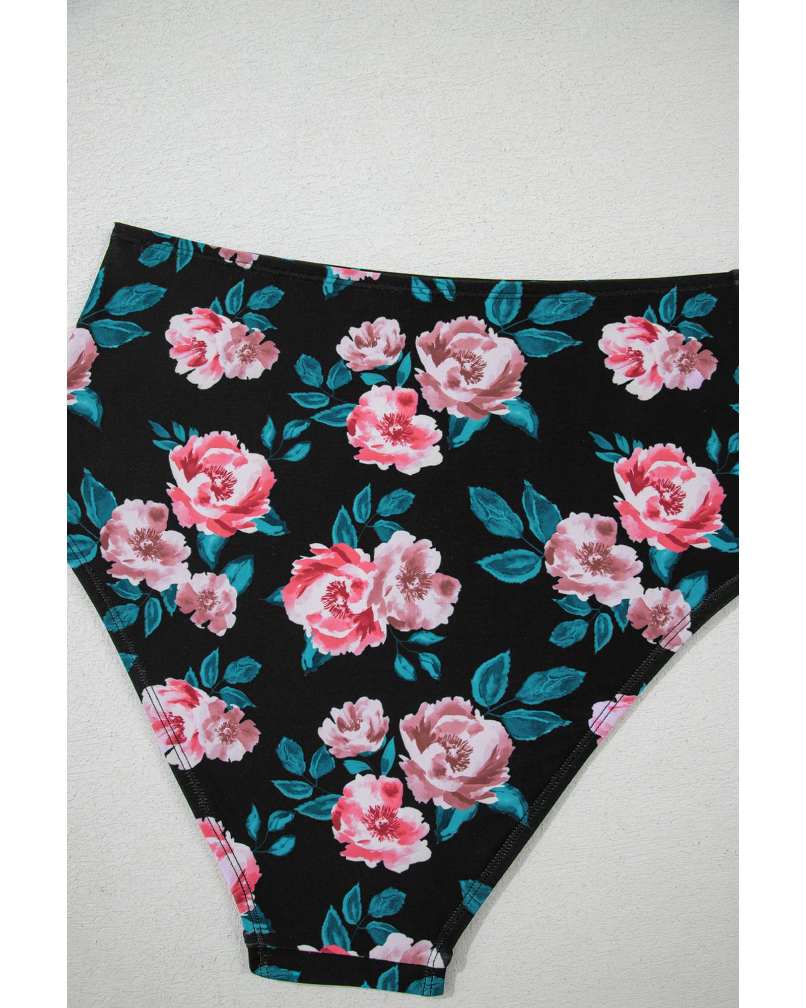 Sea Green Solid Ruffled Square Neck Swim Top and Floral Shorts Bikini Set - S