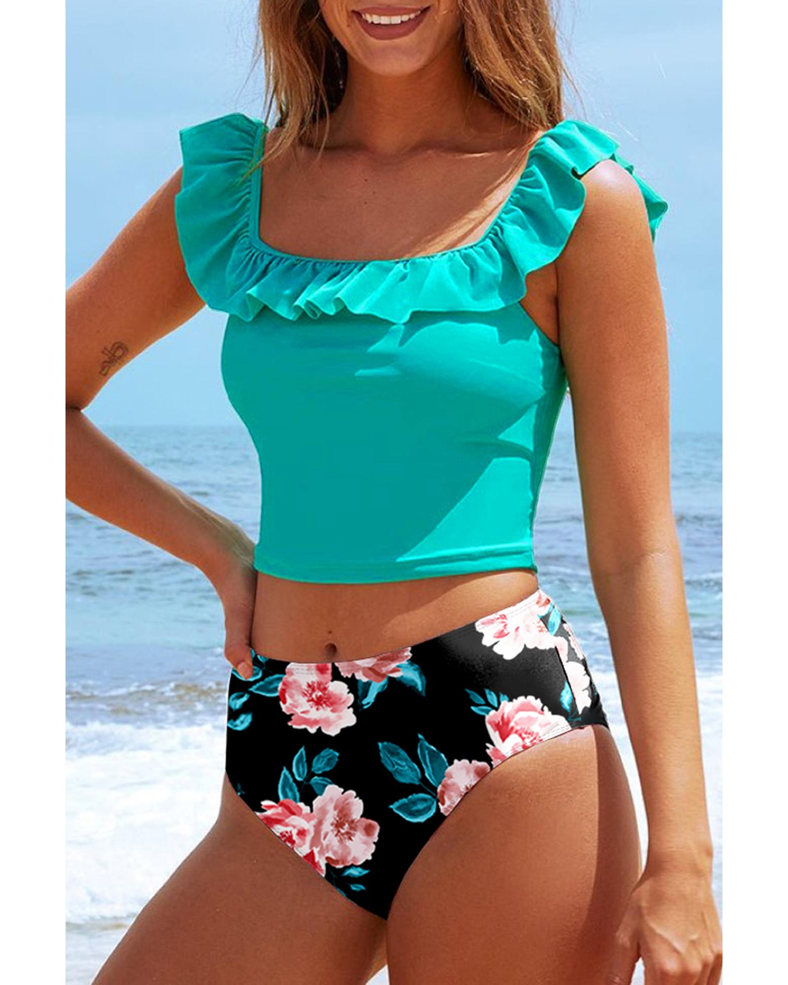Sea Green Solid Ruffled Square Neck Swim Top and Floral Shorts Bikini Set - S