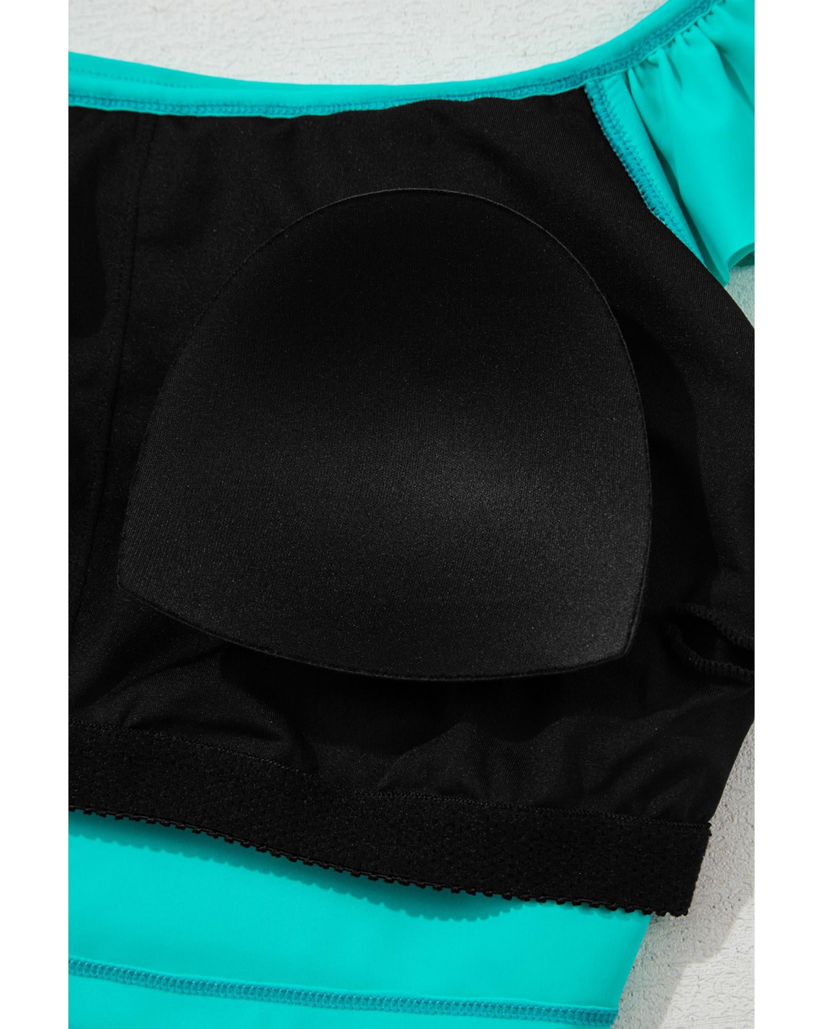 Sea Green Solid Ruffled Square Neck Swim Top and Floral Shorts Bikini Set - XL