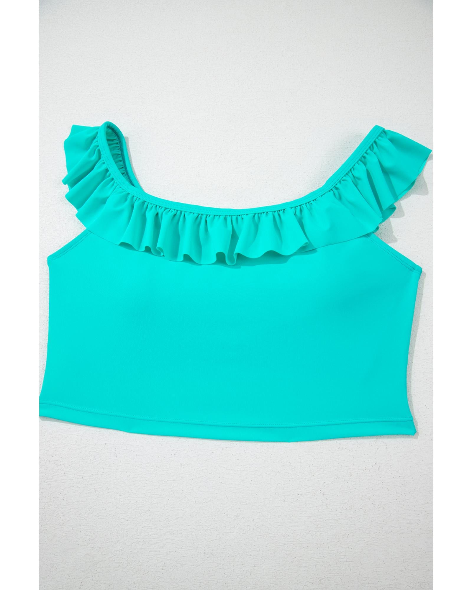 Sea Green Solid Ruffled Square Neck Swim Top and Floral Shorts Bikini Set - XL