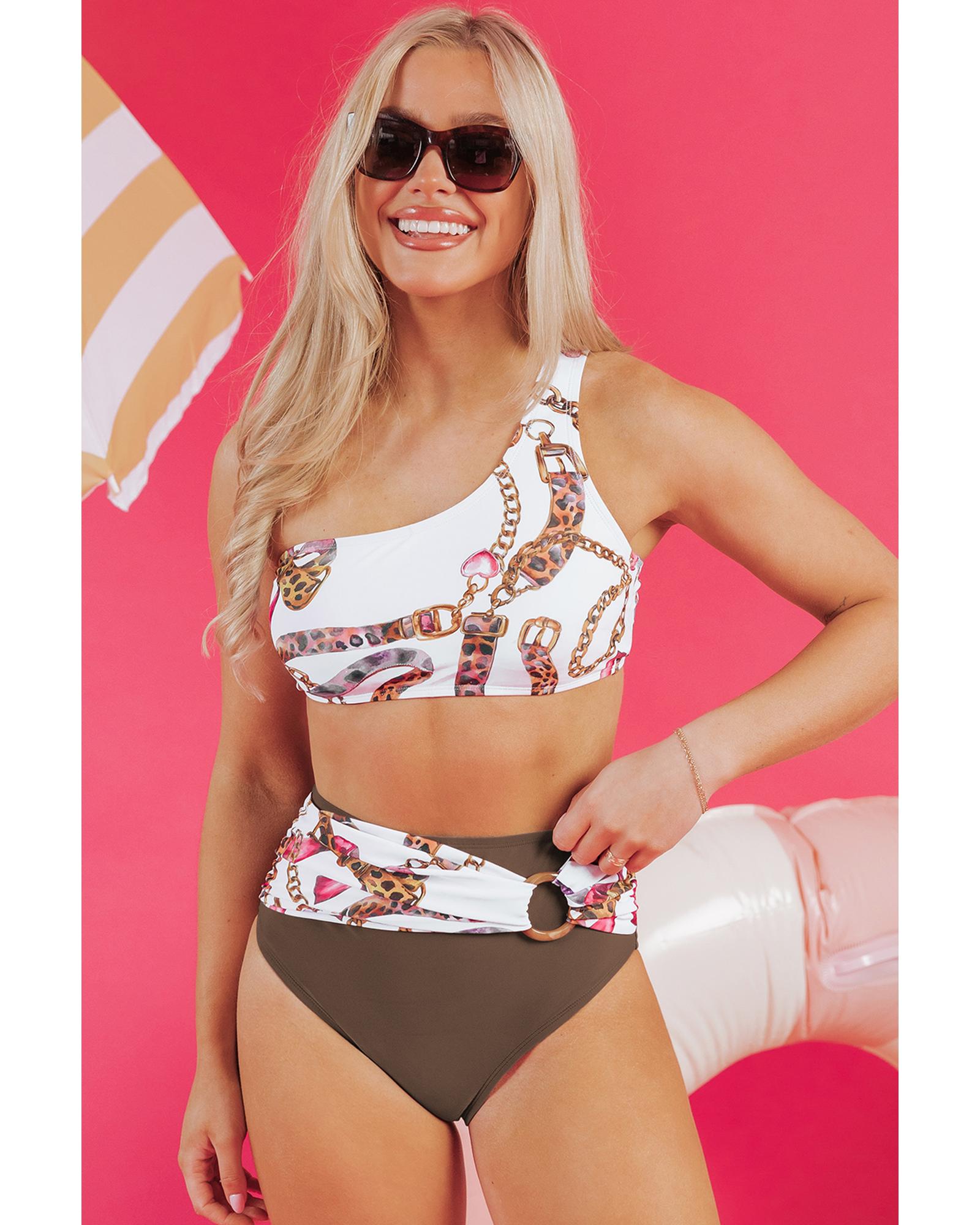 Khaki Abstract Print One Shoulder Ring Linked High Waist Bikini - 2XL