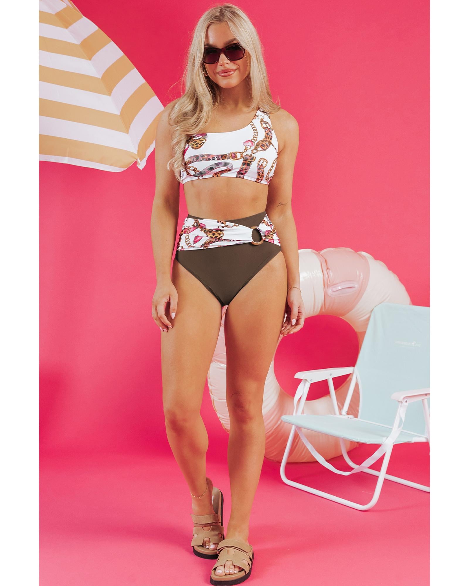 Khaki Abstract Print One Shoulder Ring Linked High Waist Bikini - 2XL
