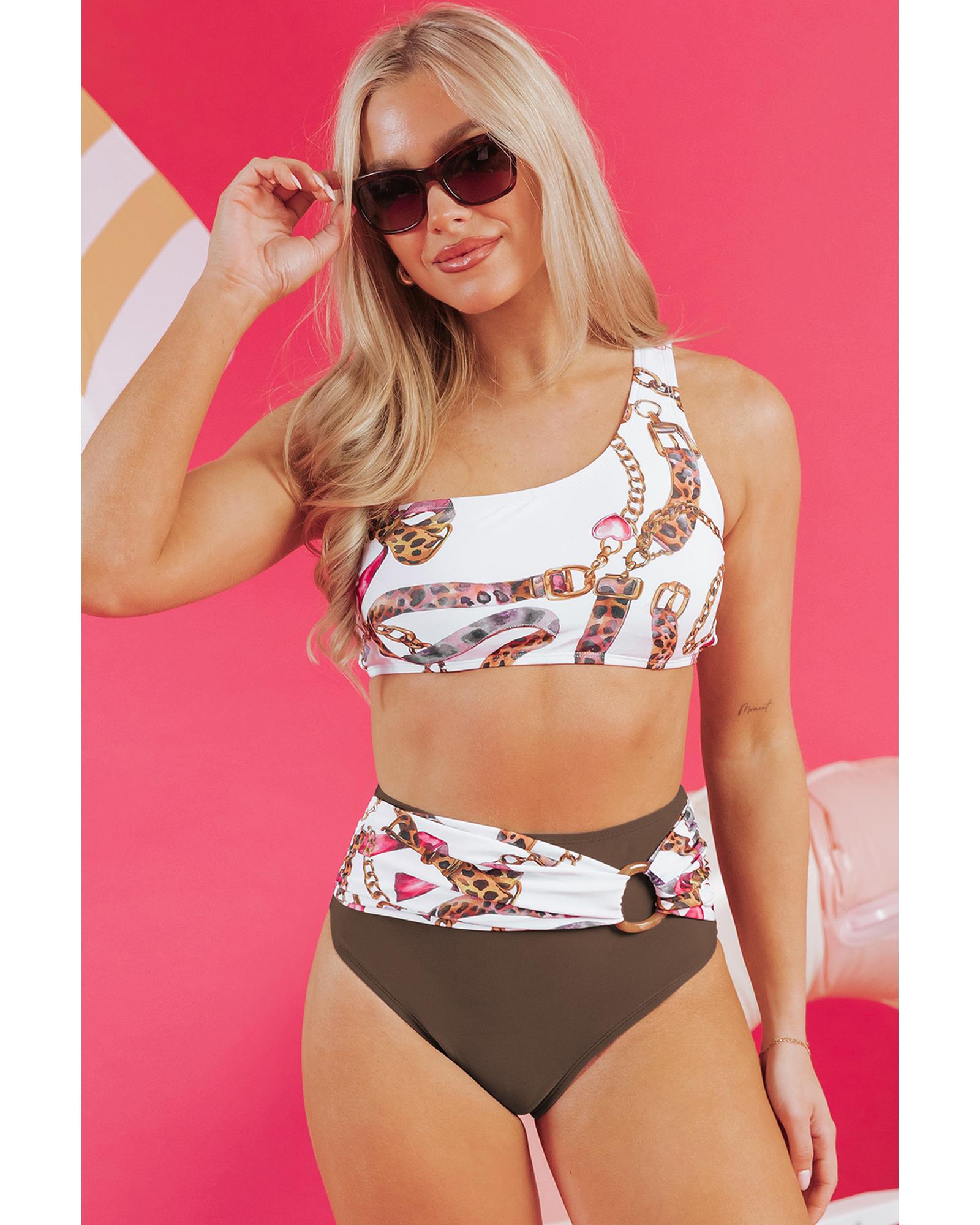 Khaki Abstract Print One Shoulder Ring Linked High Waist Bikini - M