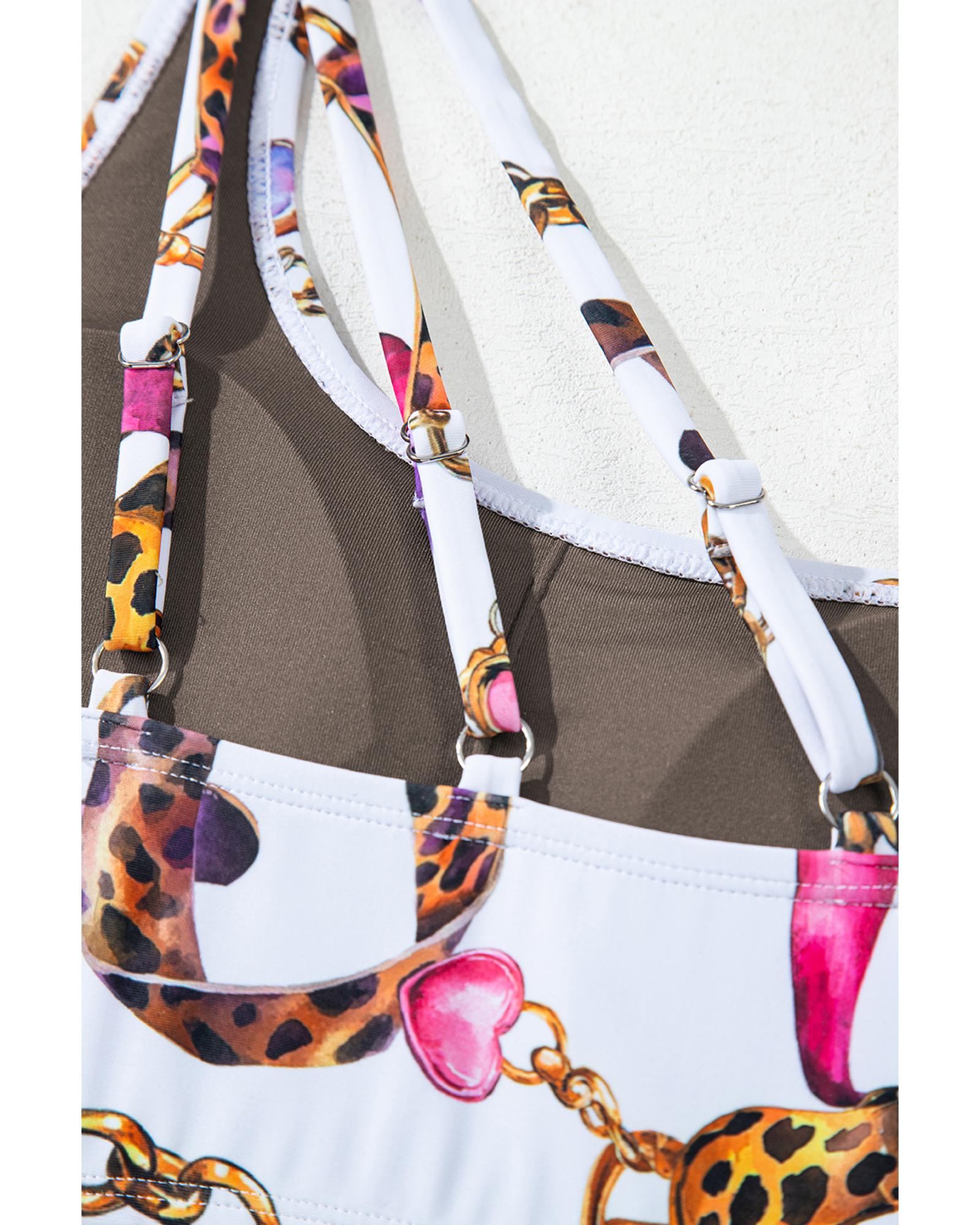 Khaki Abstract Print One Shoulder Ring Linked High Waist Bikini - M