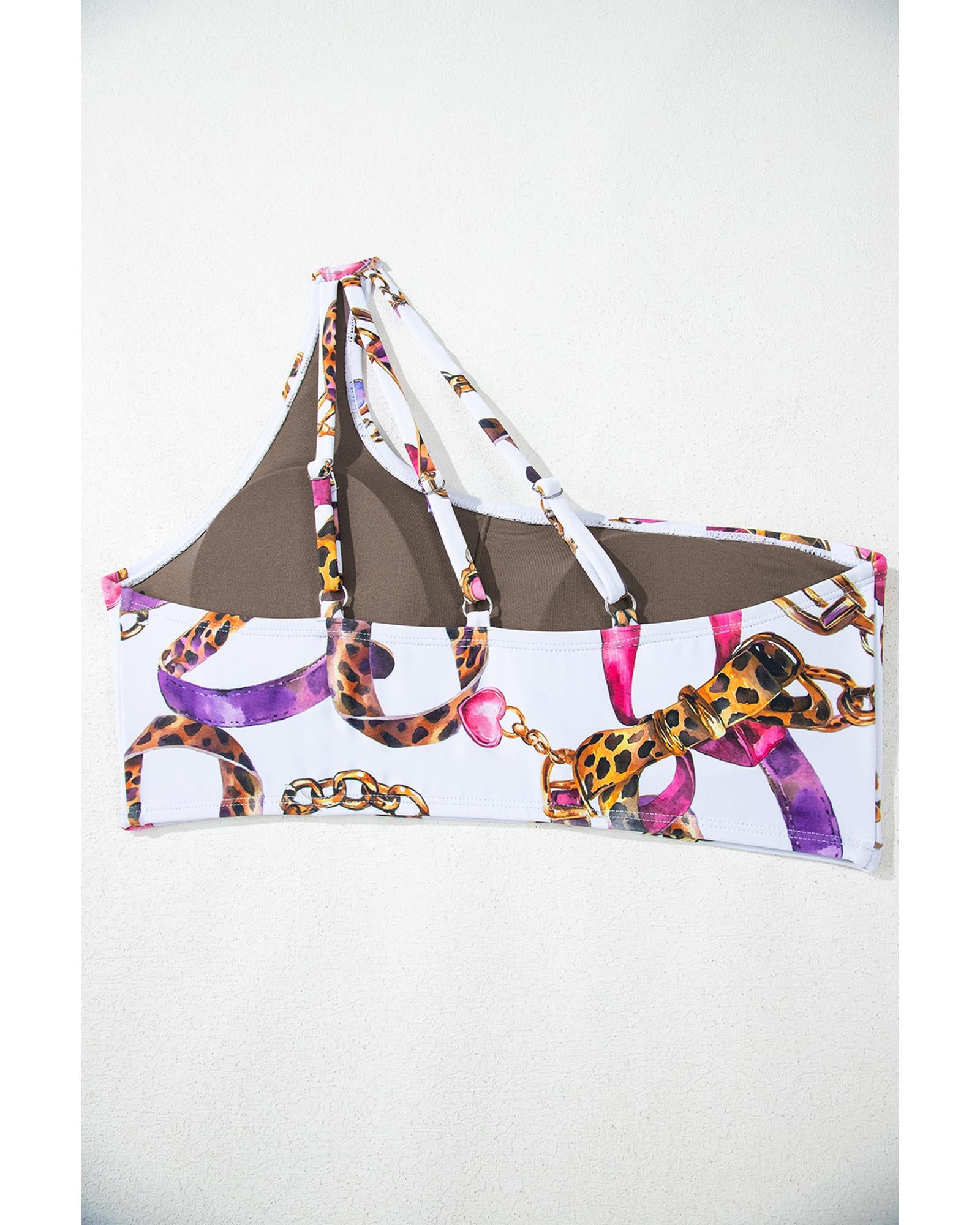 Khaki Abstract Print One Shoulder Ring Linked High Waist Bikini - M