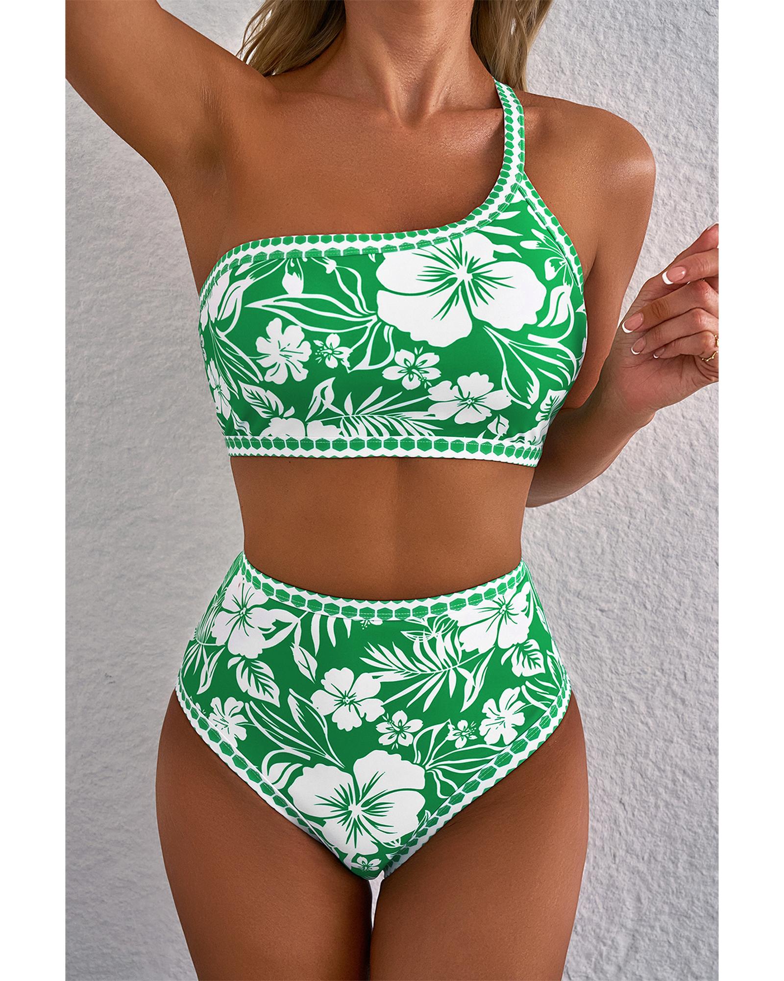 Green Floral Print One Shoulder High Waist Bikini Set - L
