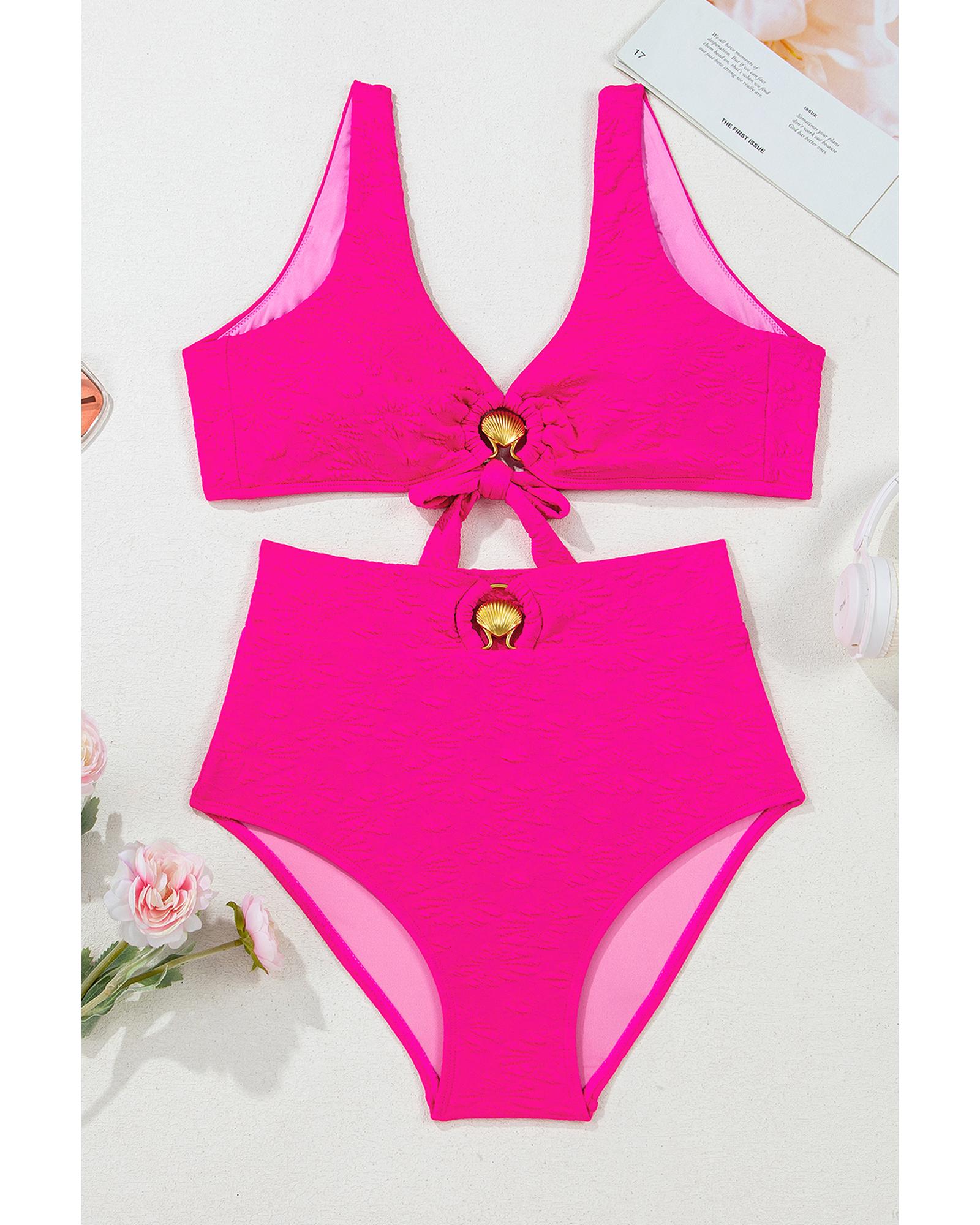 Rose Red Gold Shell Decor Wire-free Knotted 2pcs Bikini Swimsuit - S