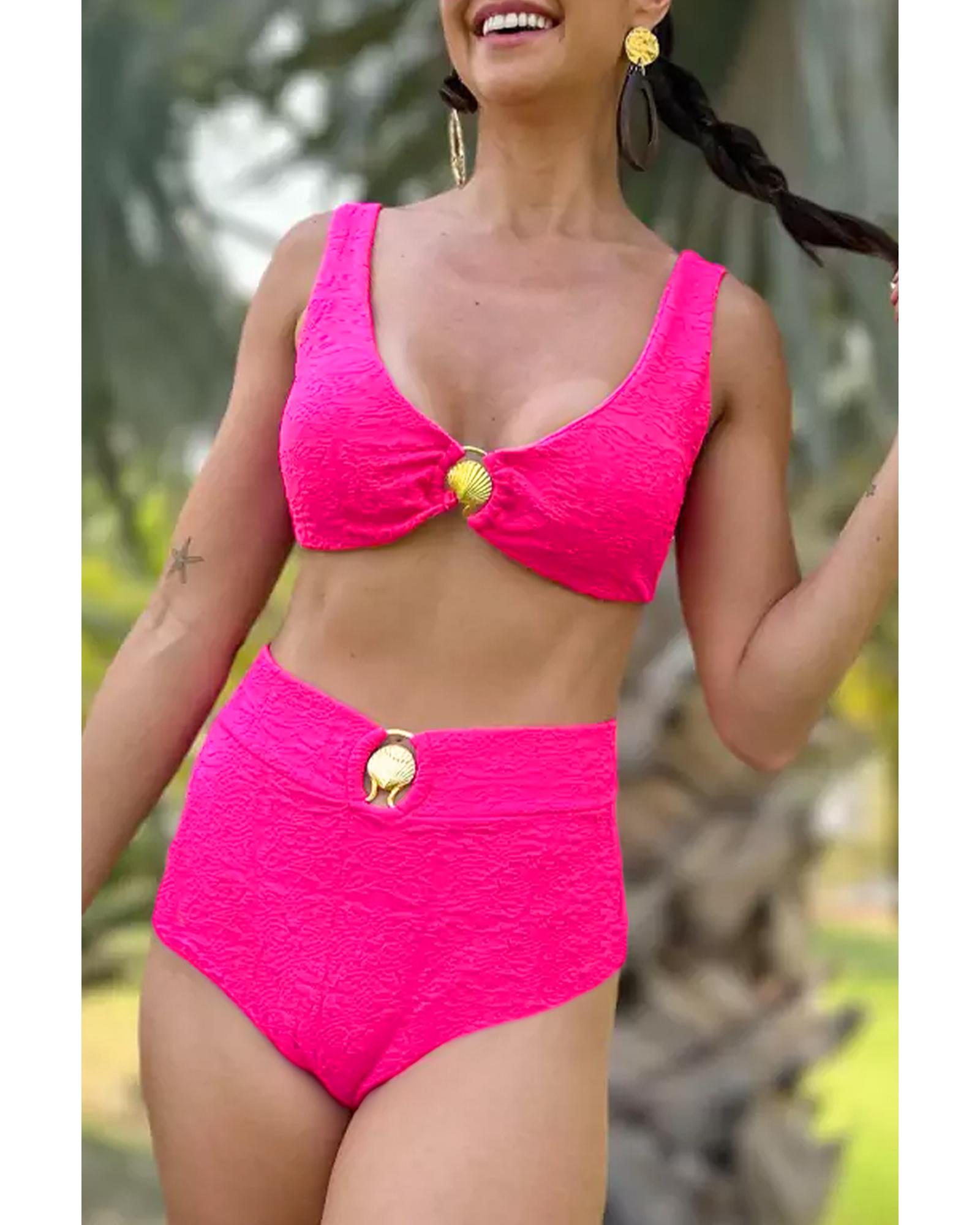 Rose Red Gold Shell Decor Wire-free Knotted 2pcs Bikini Swimsuit - XL