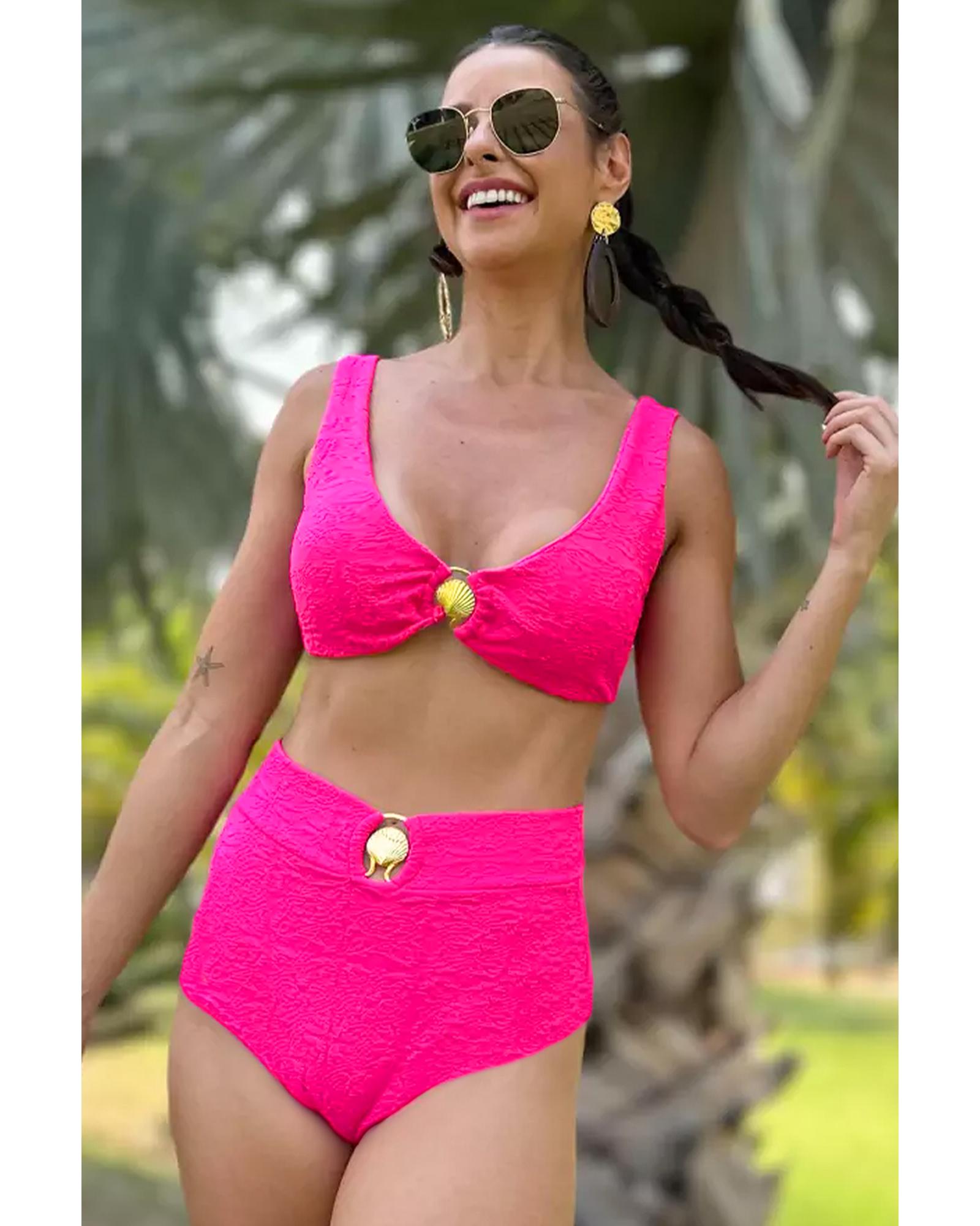 Rose Red Gold Shell Decor Wire-free Knotted 2pcs Bikini Swimsuit - XL