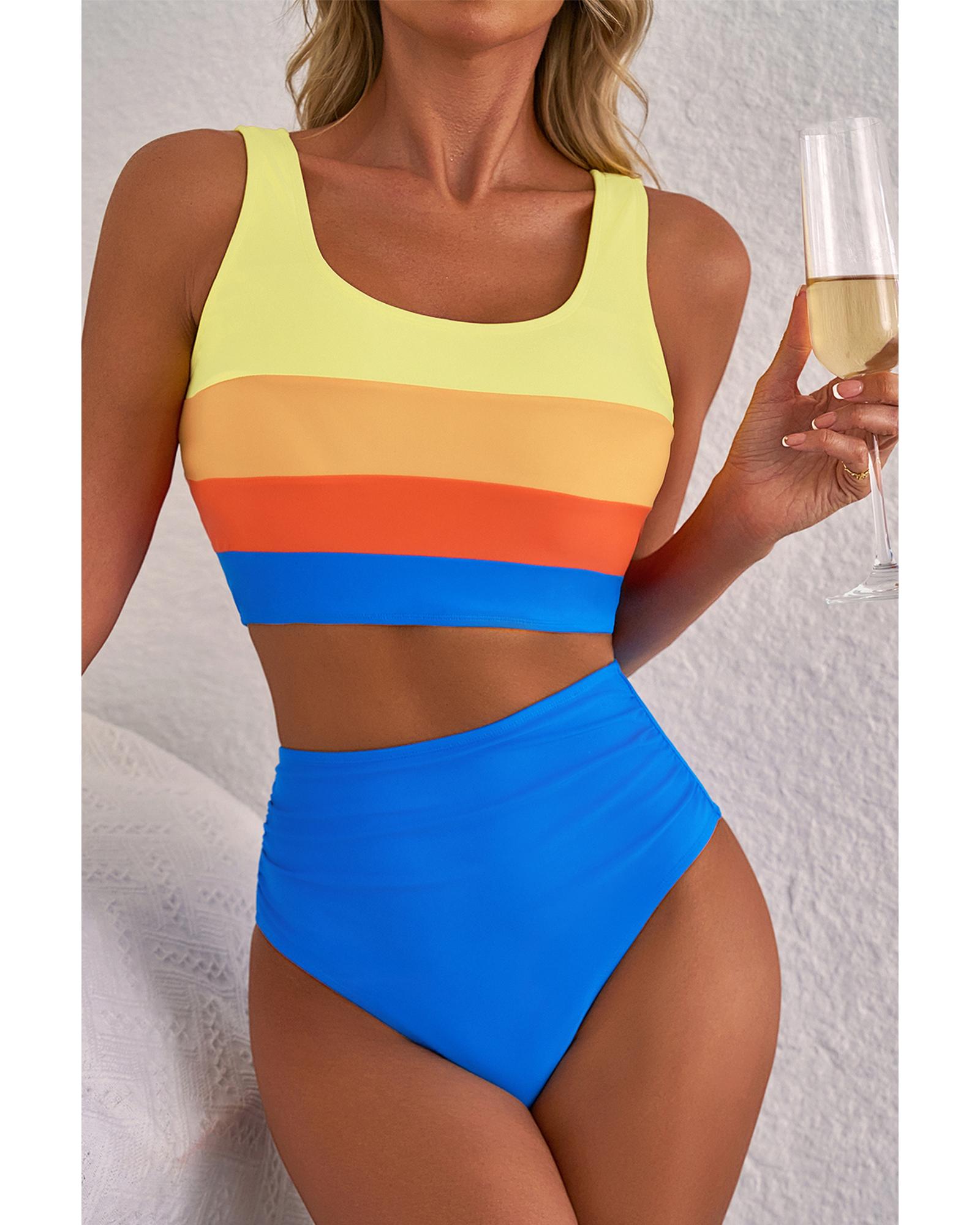 Blue Colorblock Square Neck Top Pleated High Waisted Bikini - L