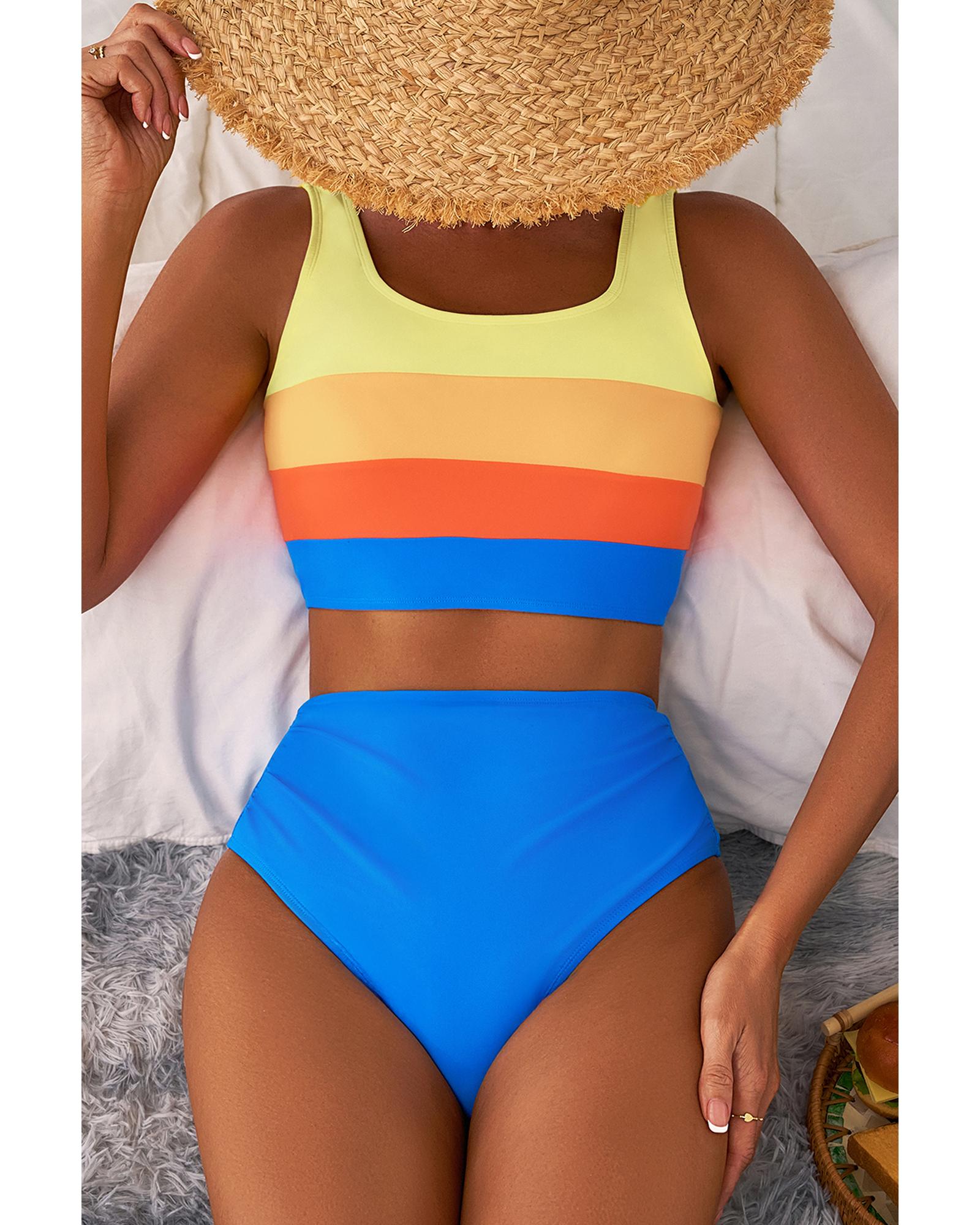 Blue Colorblock Square Neck Top Pleated High Waisted Bikini - L