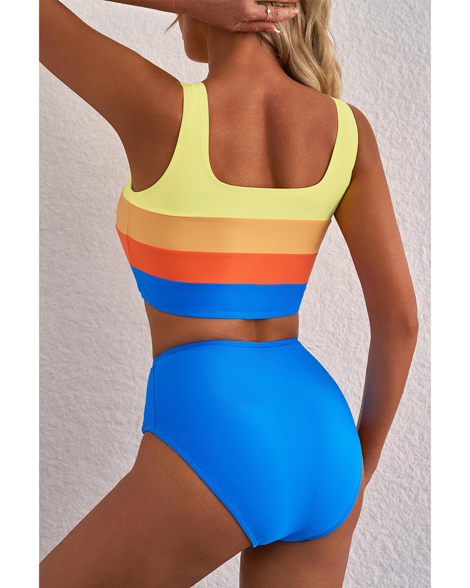 Blue Colorblock Square Neck Top Pleated High Waisted Bikini - S