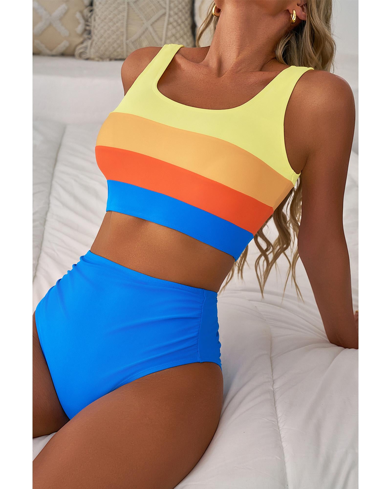 Blue Colorblock Square Neck Top Pleated High Waisted Bikini - S