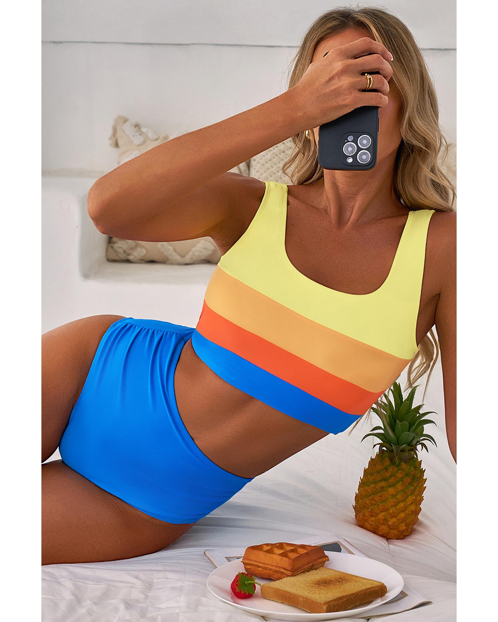 Blue Colorblock Square Neck Top Pleated High Waisted Bikini - S