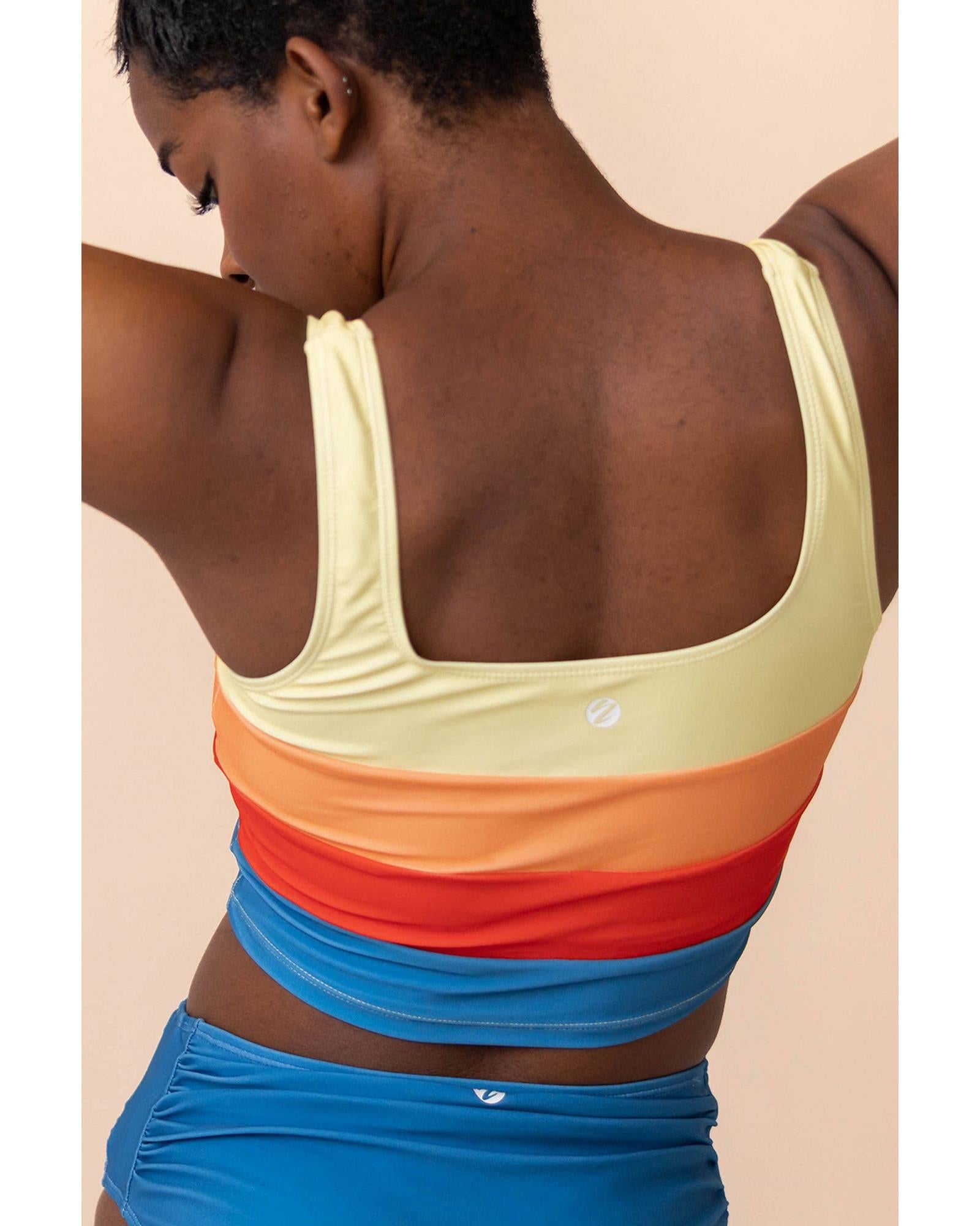 Blue Colorblock Square Neck Top Pleated High Waisted Bikini - S