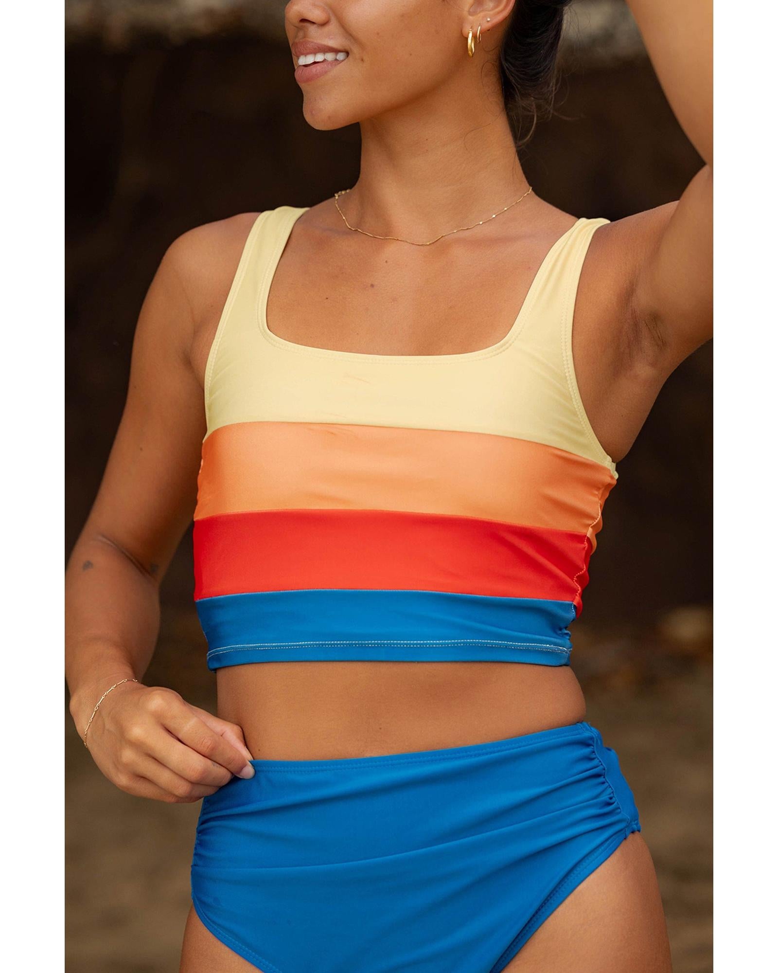 Blue Colorblock Square Neck Top Pleated High Waisted Bikini - S