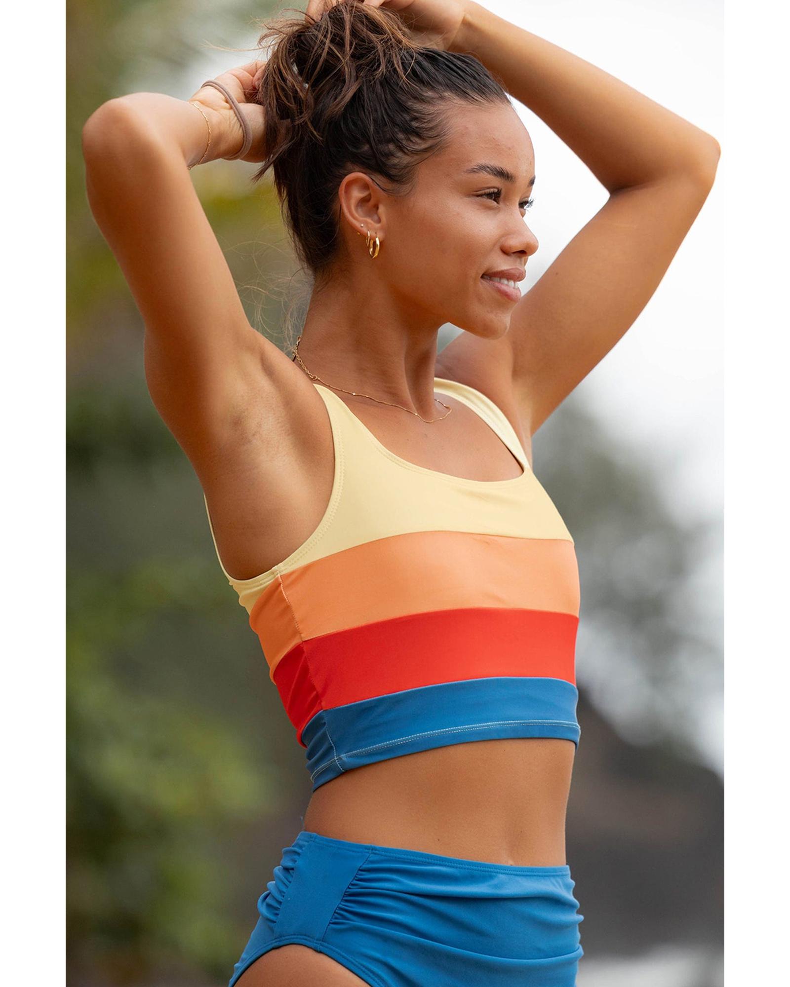 Blue Colorblock Square Neck Top Pleated High Waisted Bikini - S