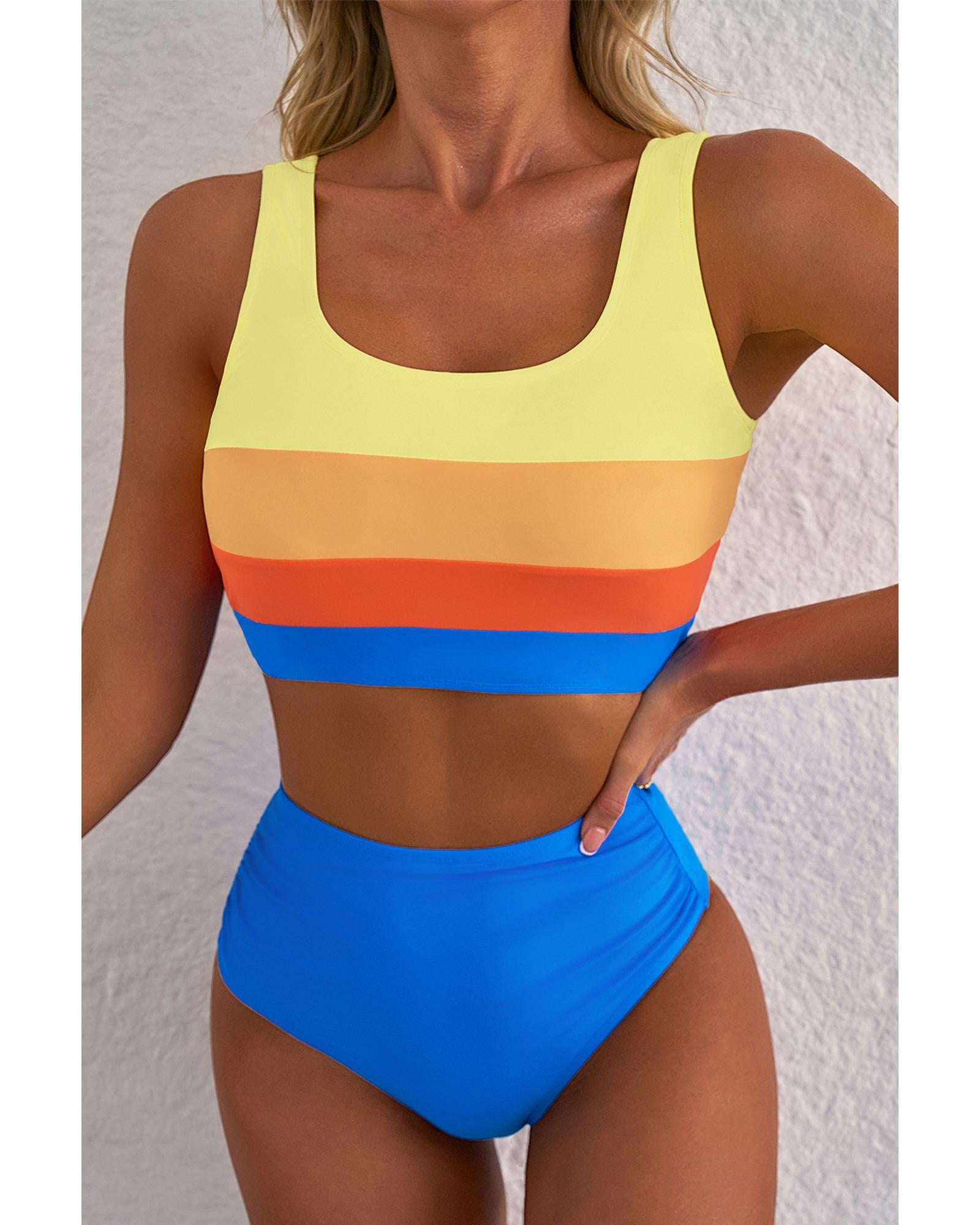 Blue Colorblock Square Neck Top Pleated High Waisted Bikini - XL