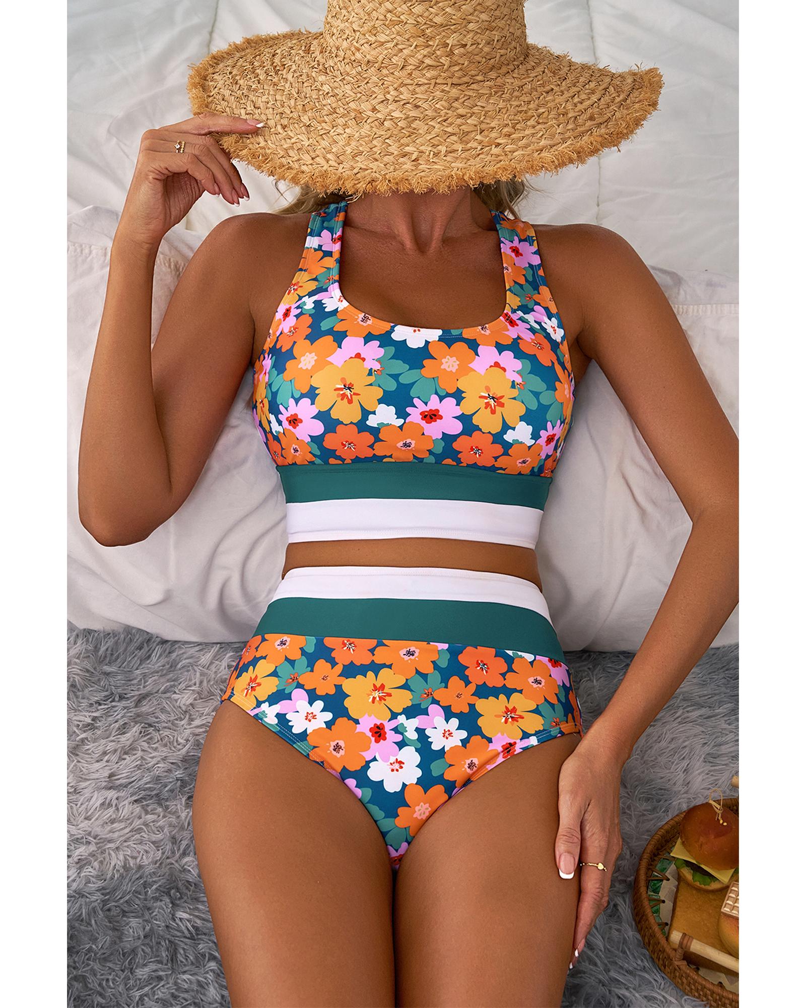 Green Floral Print Racerback Cutout High Waist 2pcs Bikini - M