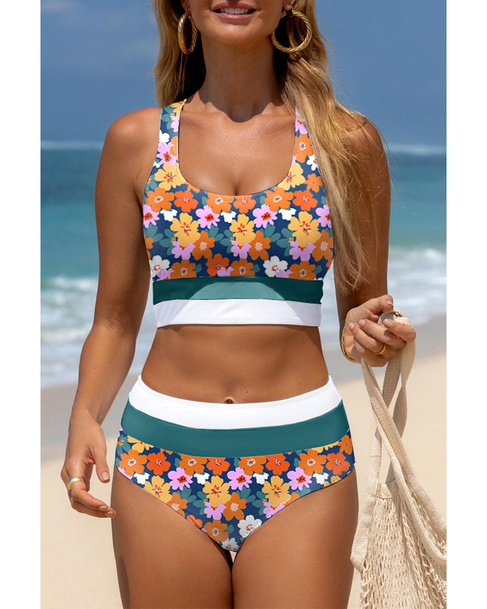 Green Floral Print Racerback Cutout High Waist 2pcs Bikini - M