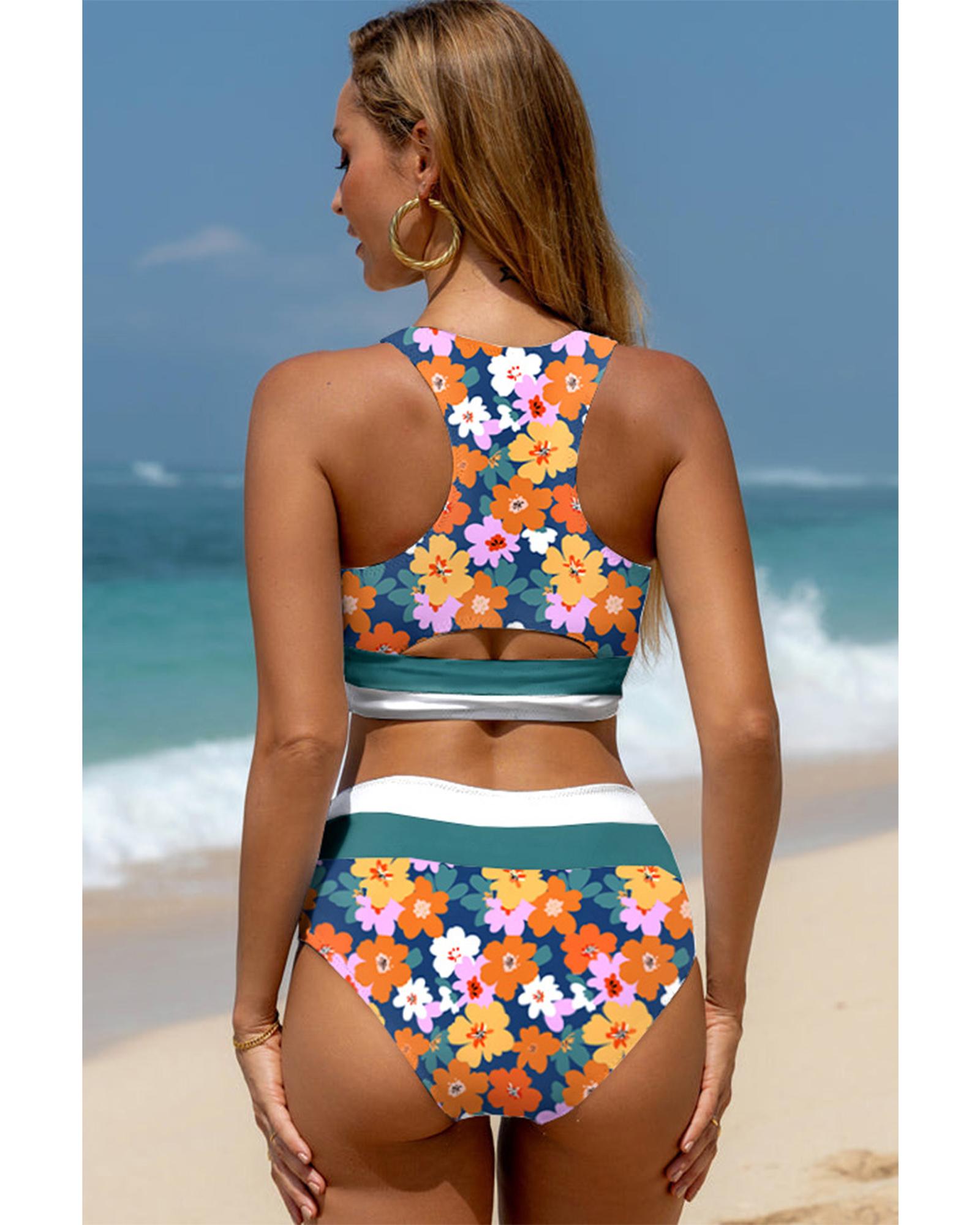 Green Floral Print Racerback Cutout High Waist 2pcs Bikini - M