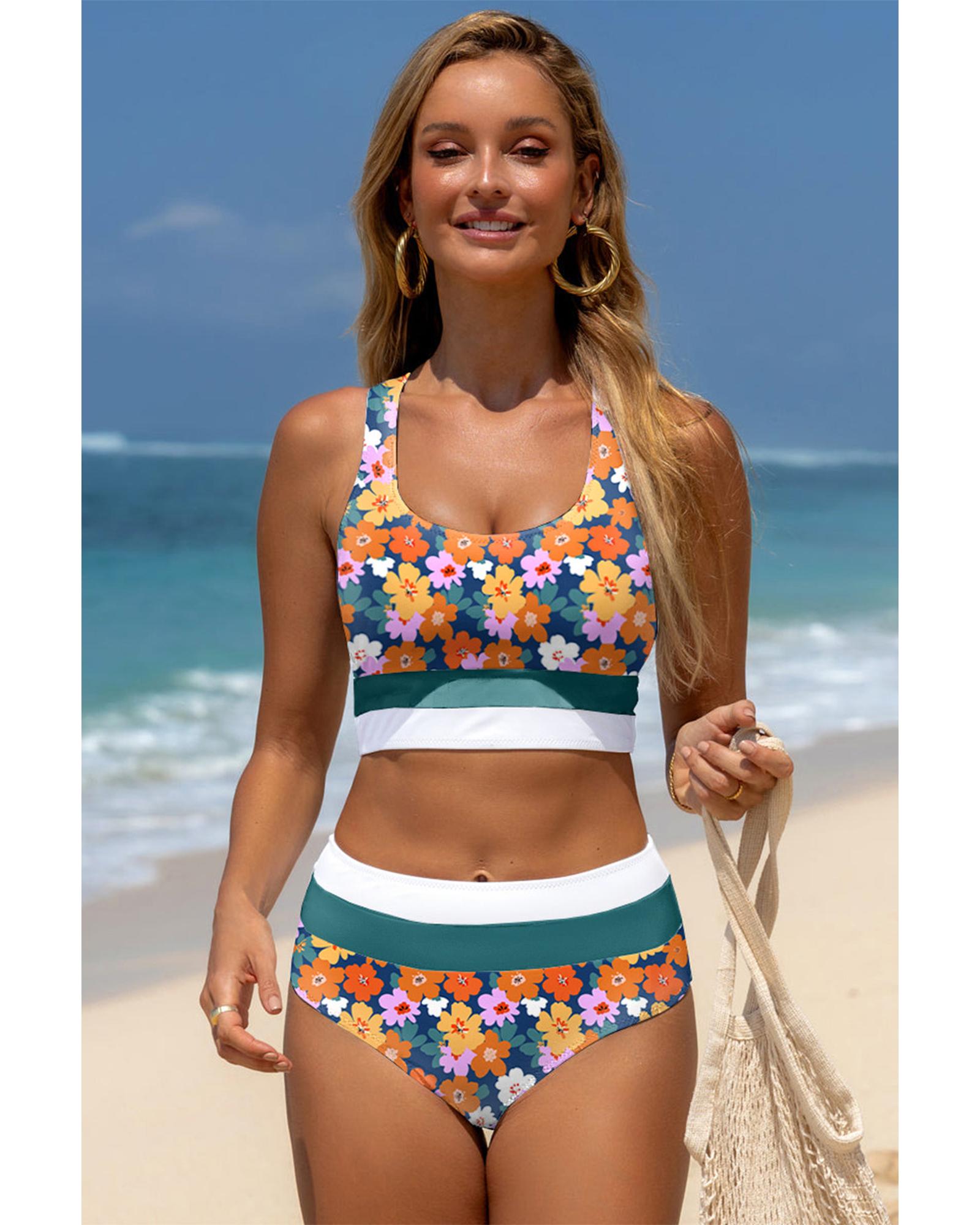 Green Floral Print Racerback Cutout High Waist 2pcs Bikini - M