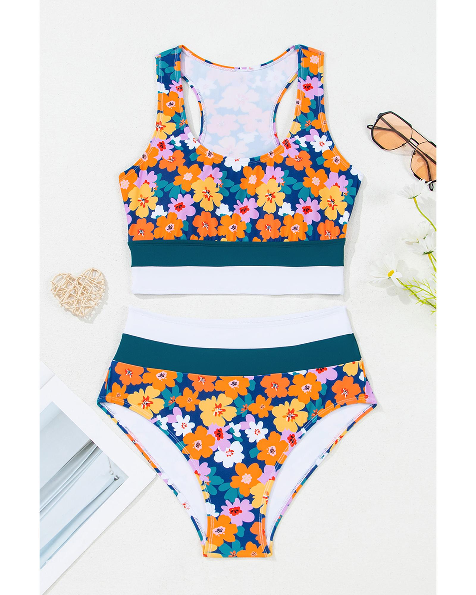 Green Floral Print Racerback Cutout High Waist 2pcs Bikini - M