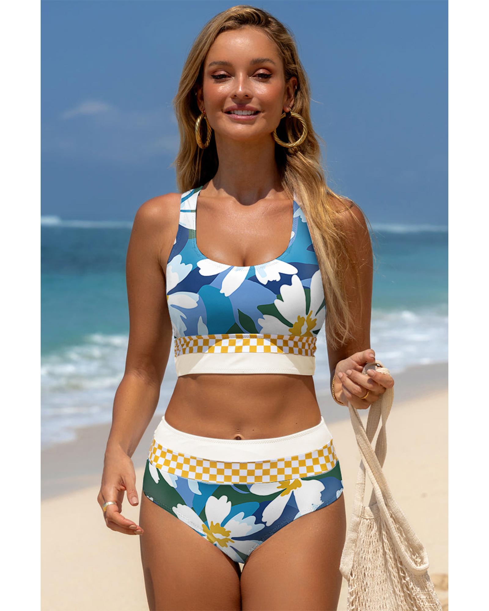 Green Floral Print Racerback Cutout High Waist 2pcs Bikini - XL
