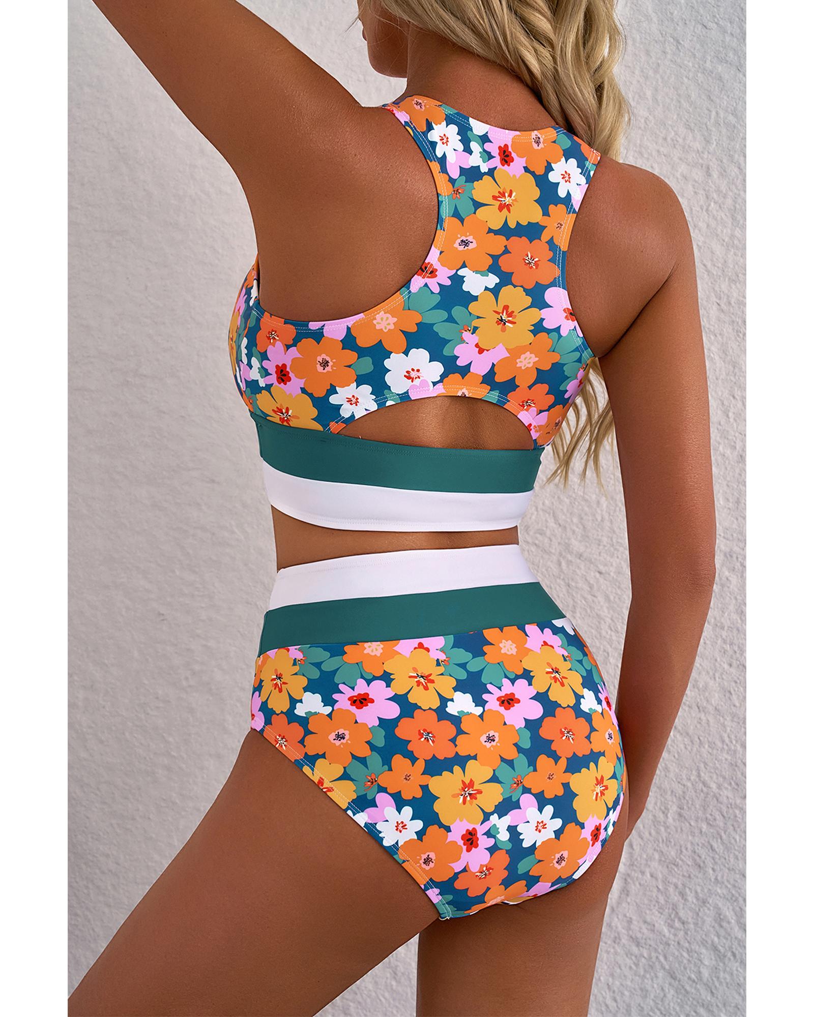 Green Floral Print Racerback Cutout High Waist 2pcs Bikini - XL