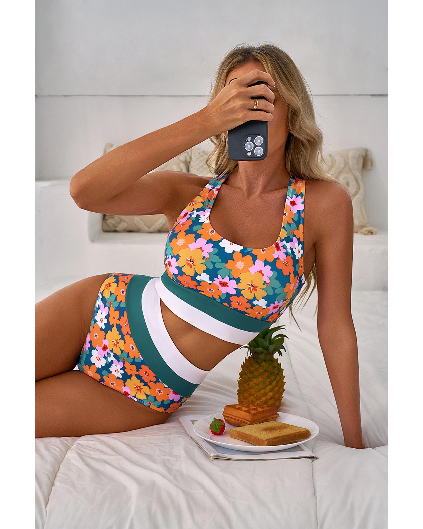 Green Floral Print Racerback Cutout High Waist 2pcs Bikini - XL
