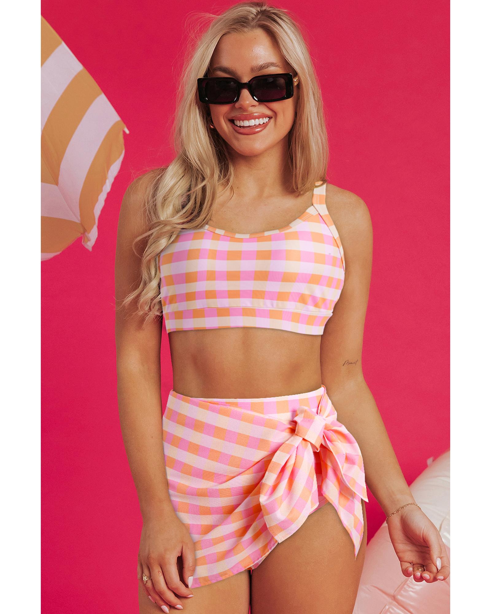 Pink 3pcs Gingham High Waist Bikini & Sarong - XL