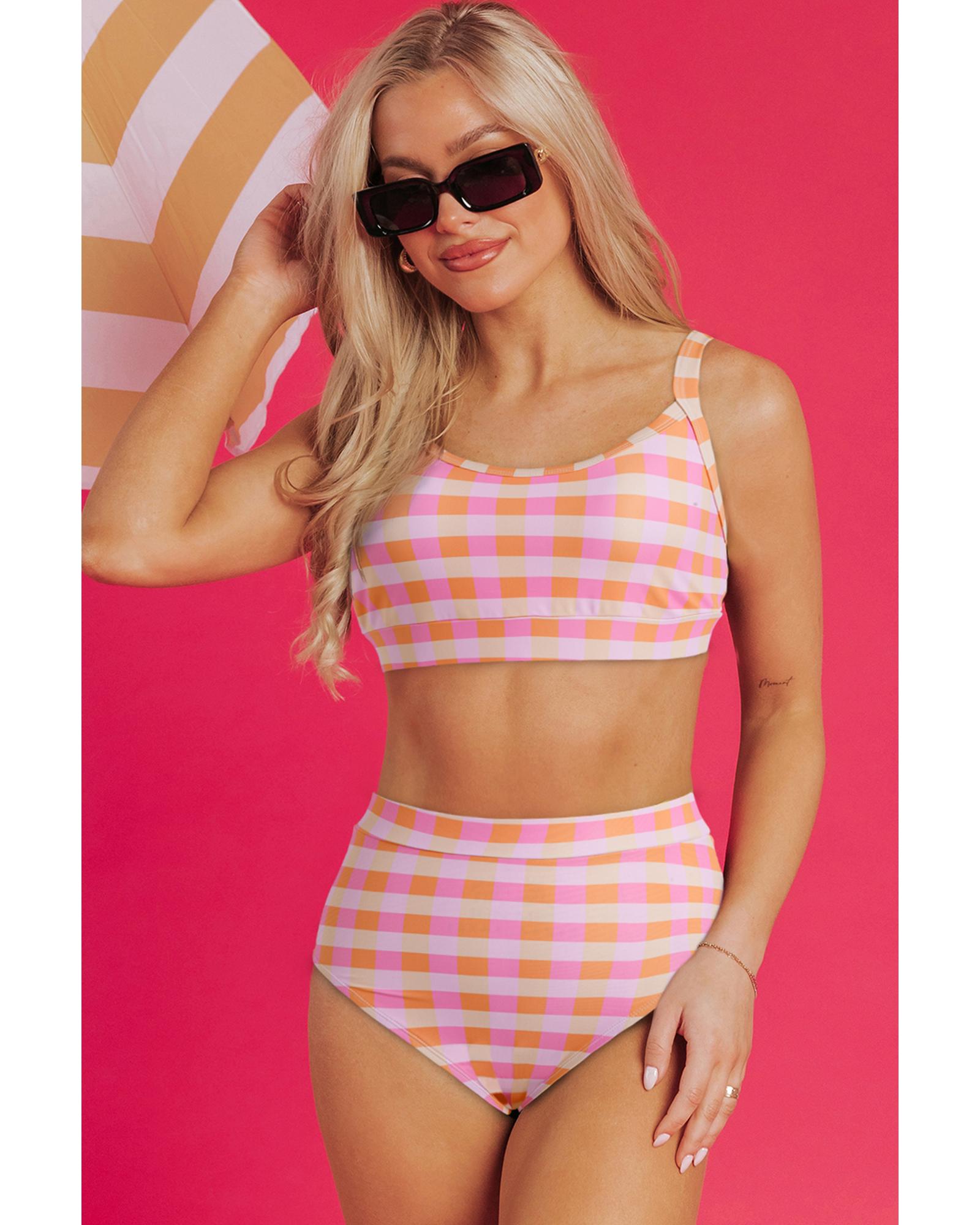 Pink 3pcs Gingham High Waist Bikini & Sarong - XL