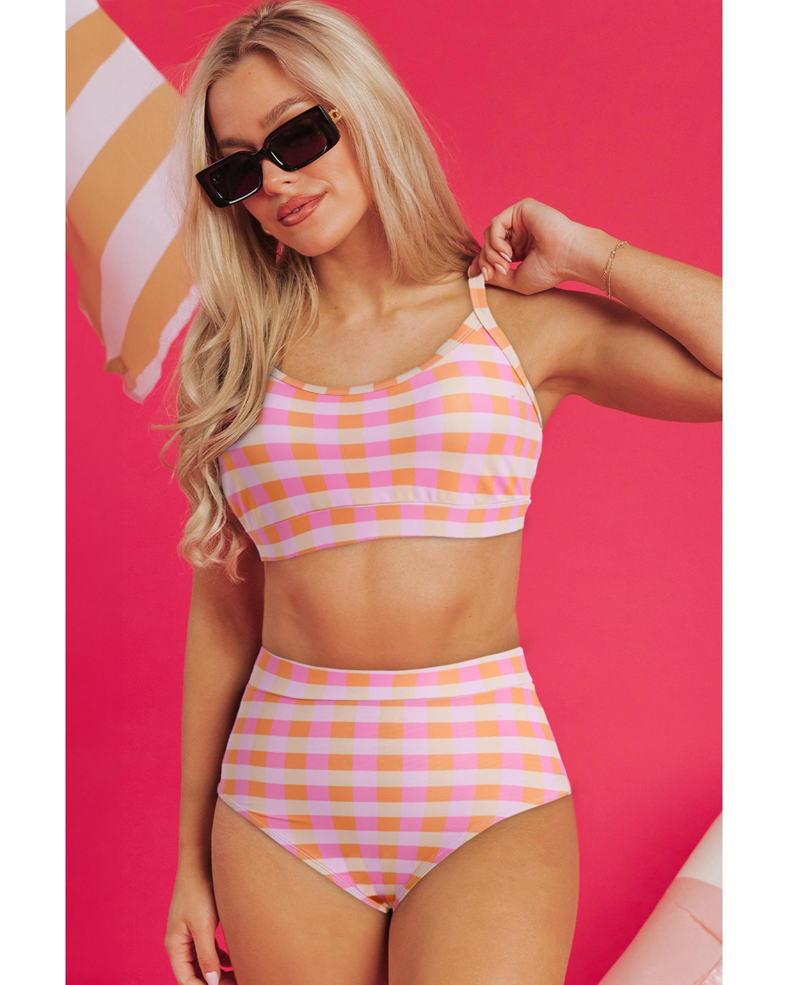 Pink 3pcs Gingham High Waist Bikini & Sarong - XL
