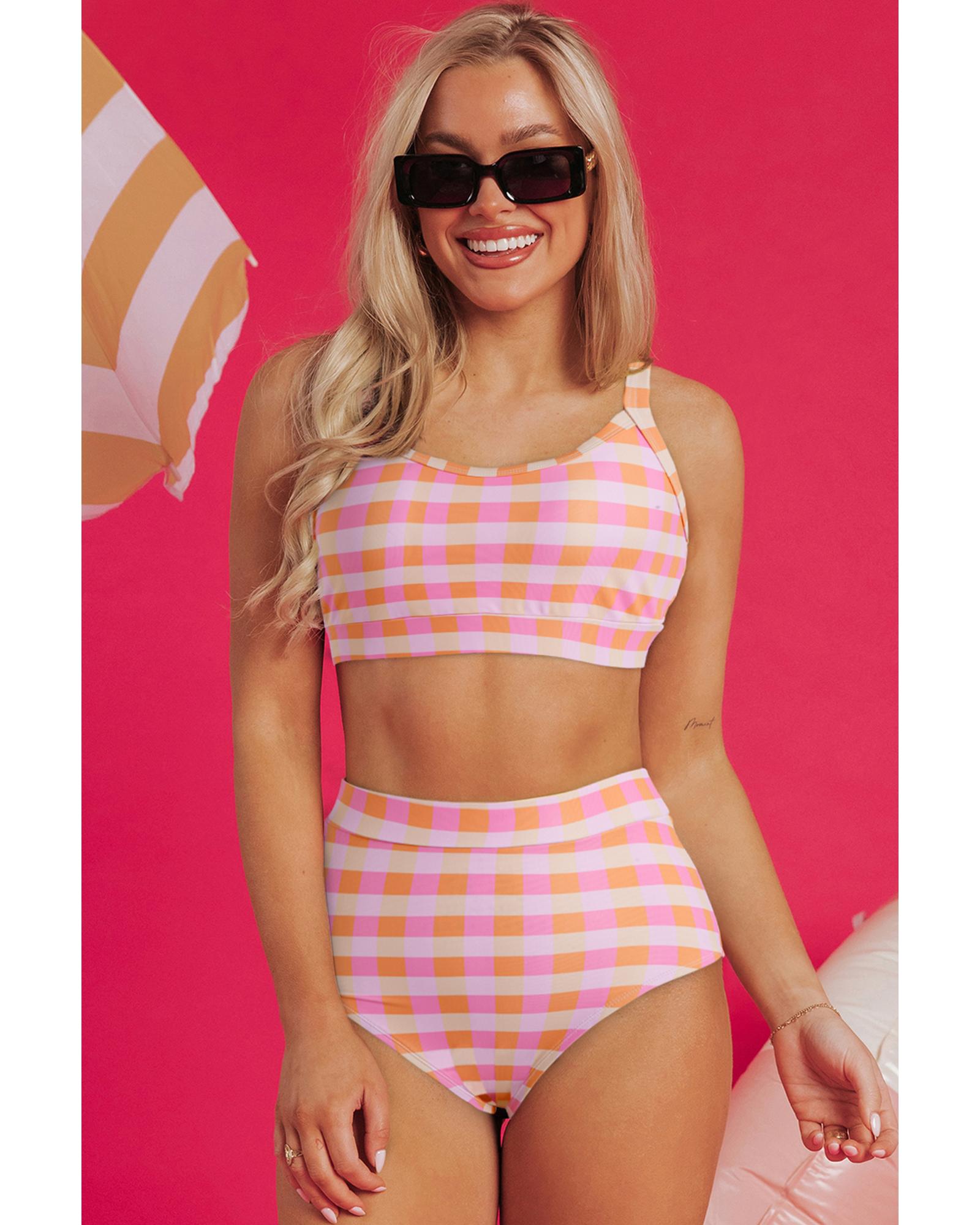 Pink 3pcs Gingham High Waist Bikini & Sarong - XL