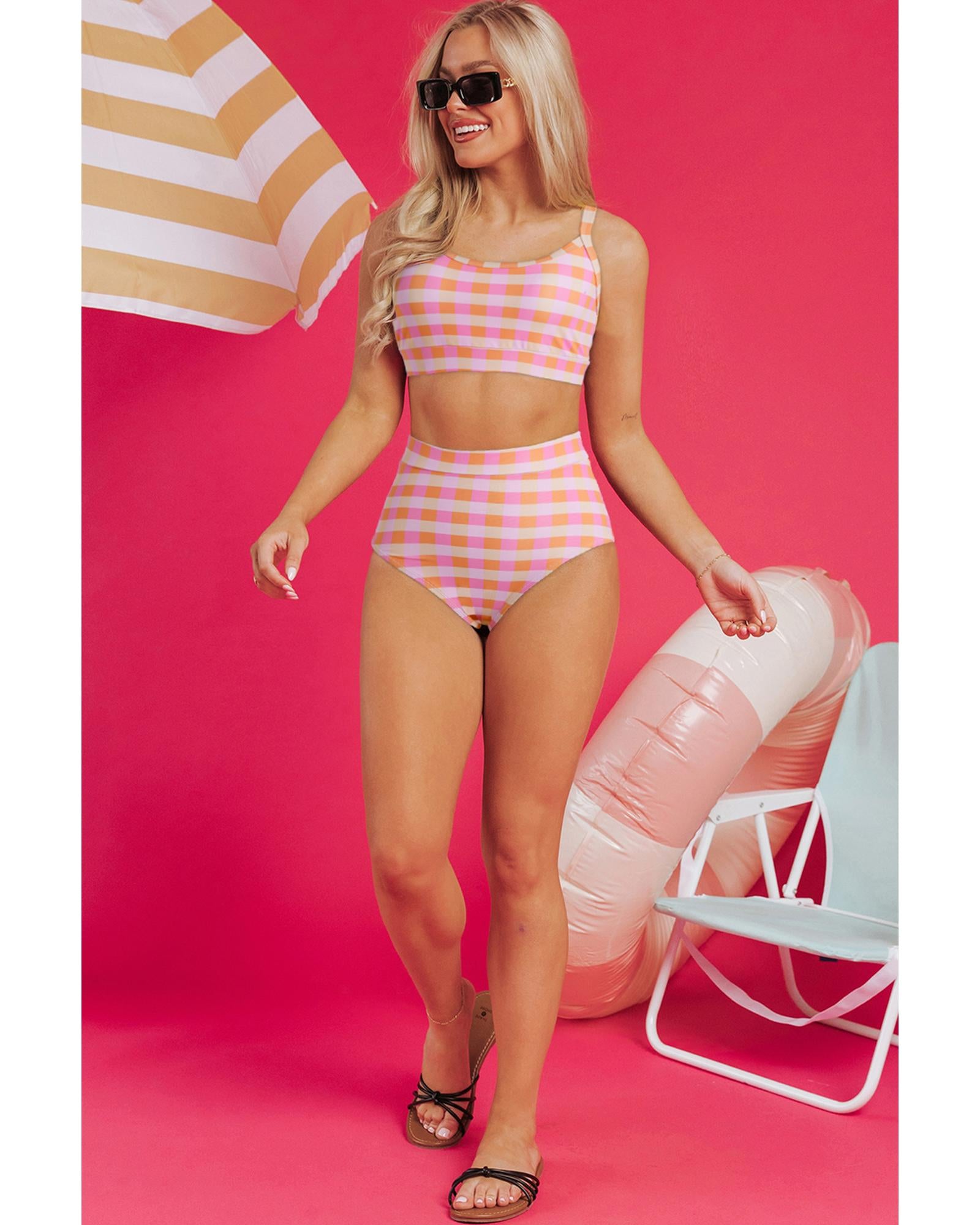 Pink 3pcs Gingham High Waist Bikini & Sarong - XL