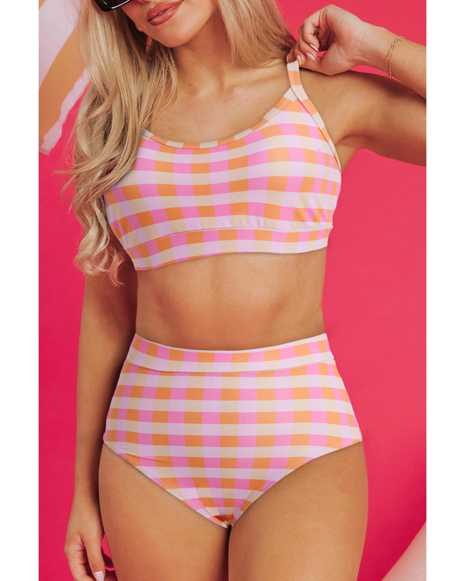 Pink 3pcs Gingham High Waist Bikini & Sarong - XL