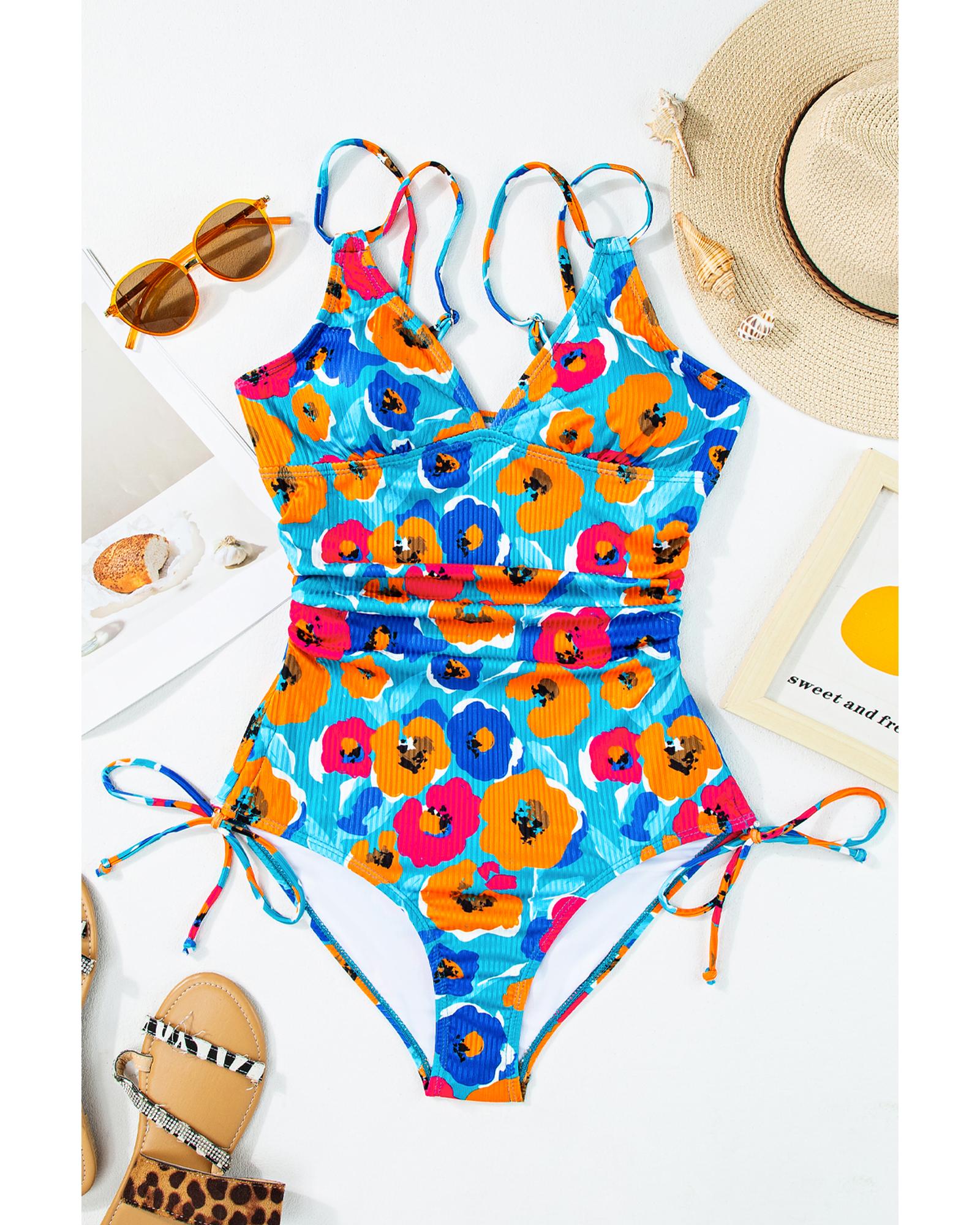 Sky Blue Orange Adjustable Straps Ribbed Knit One Piece Swimsuit - L
