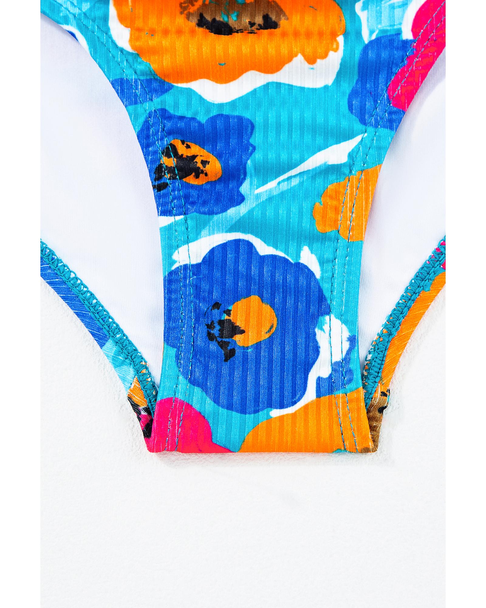 Sky Blue Orange Adjustable Straps Ribbed Knit One Piece Swimsuit - M