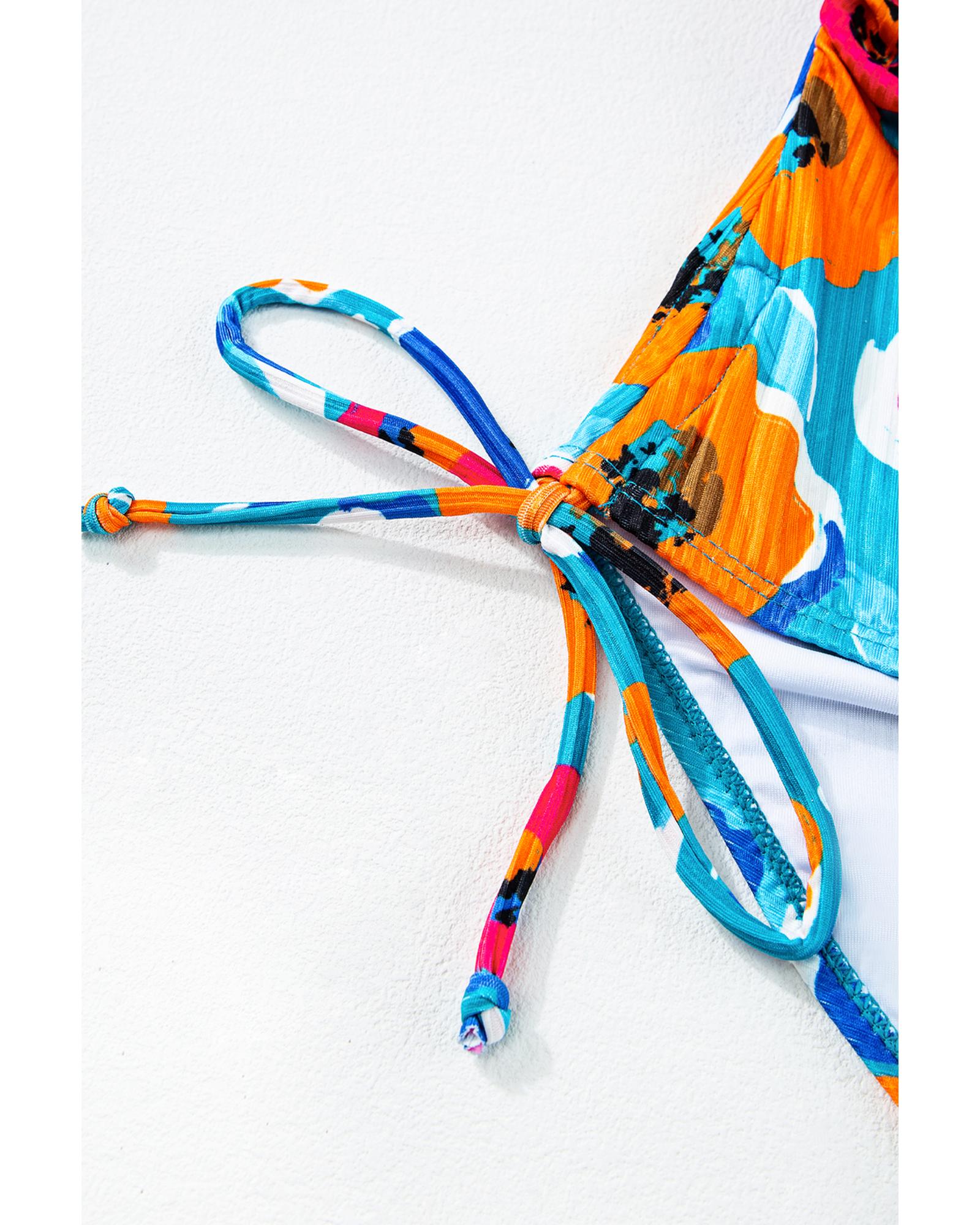 Sky Blue Orange Adjustable Straps Ribbed Knit One Piece Swimsuit - M